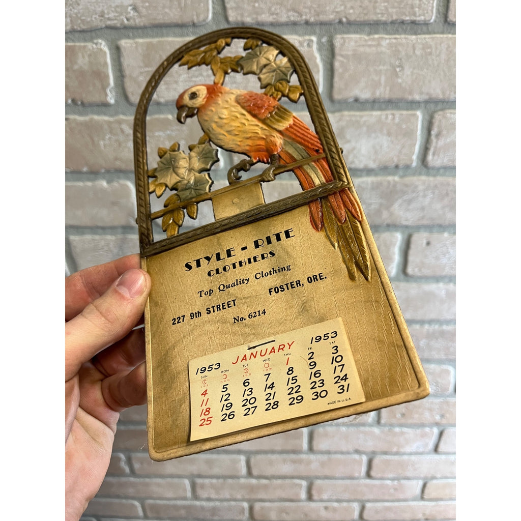 German Victorian Advertising Diecut Calendar Sign Parrot Foster Oregon Clothing