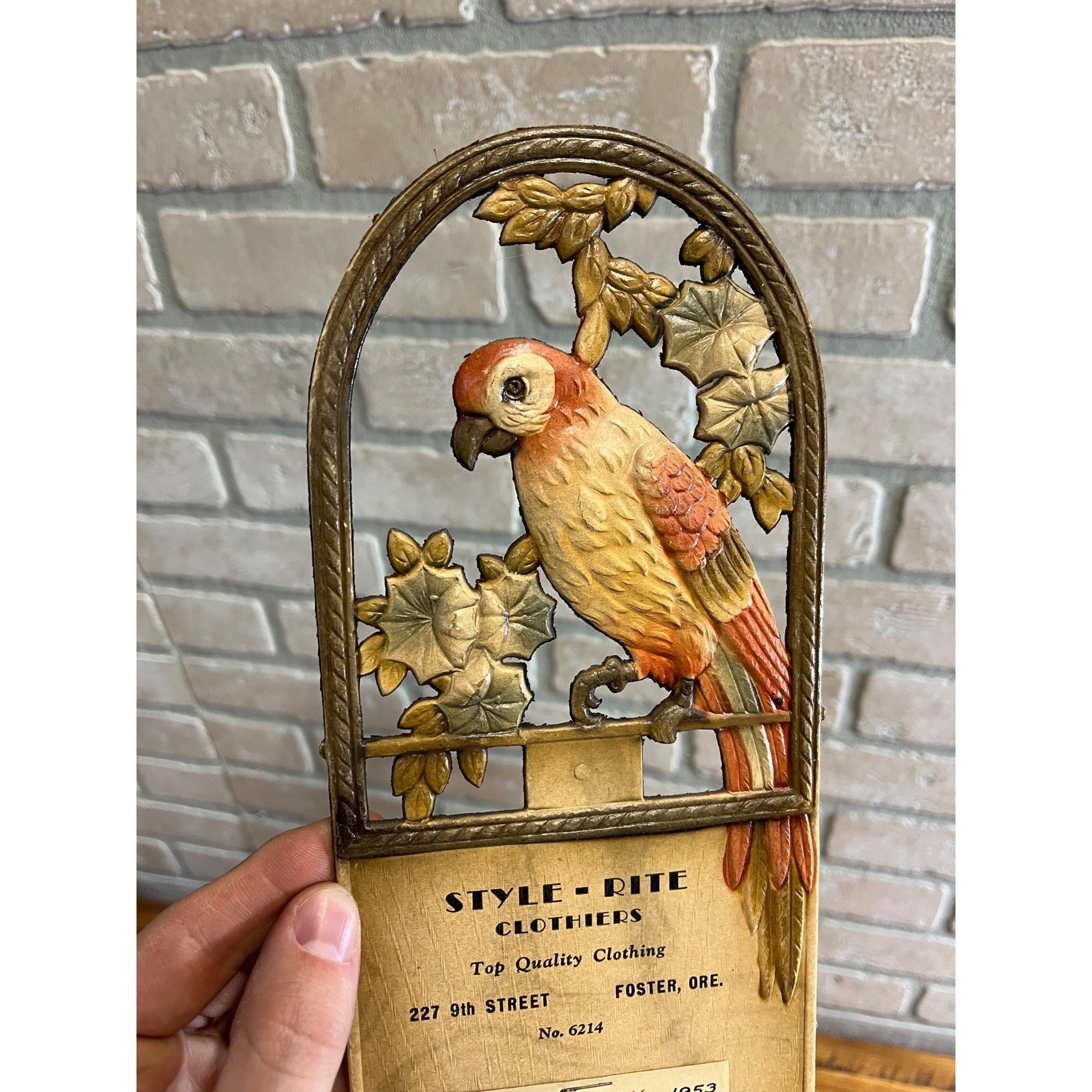 German Victorian Advertising Diecut Calendar Sign Parrot Foster Oregon Clothing