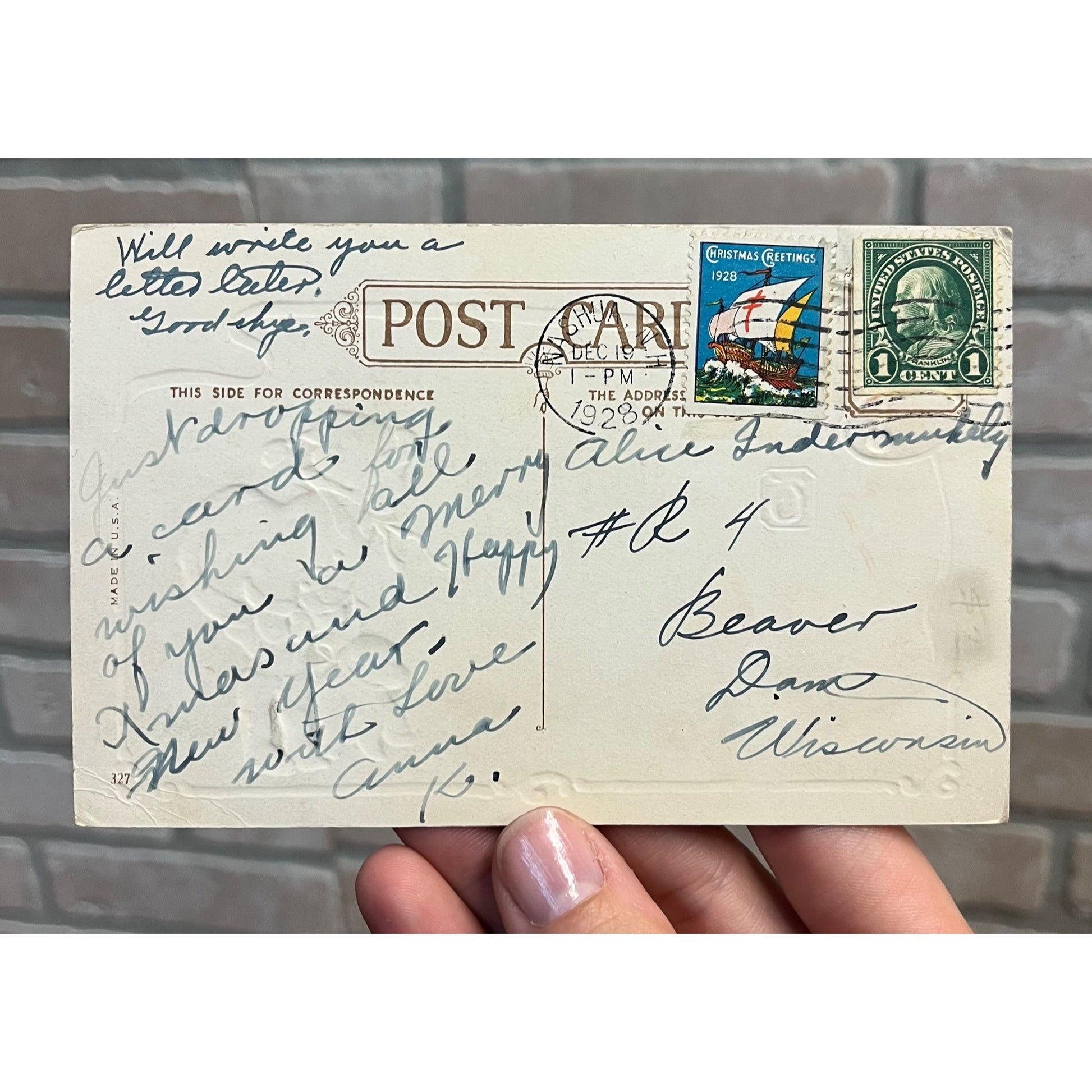 Vintage 1928 Christmas Postcard w/ Christmas Seal Tied US American Red Cross