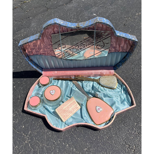Vtg 1940s Pink Blue Vanity Box Set w Mirror Brushes Lidded Jars Shabby Chic
