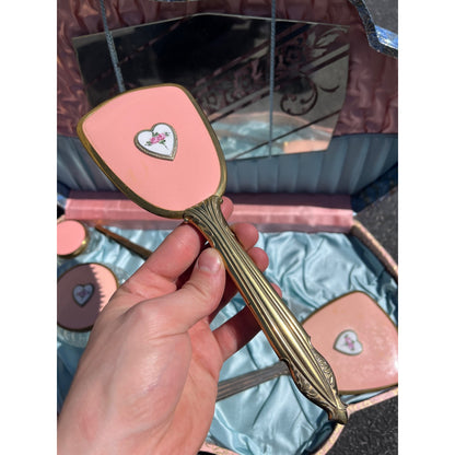 Vtg 1940s Pink Blue Vanity Box Set w Mirror Brushes Lidded Jars Shabby Chic