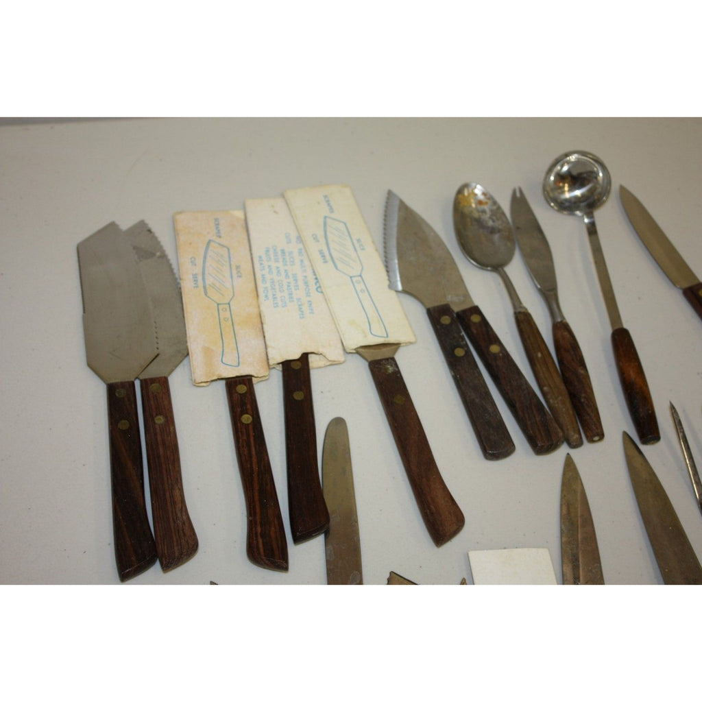 Huge Lot Vintage MCM Stainless Steel Barware and Serving Utensils Wood Handles