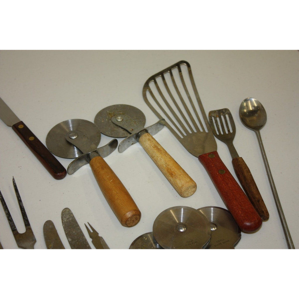 Huge Lot Vintage MCM Stainless Steel Barware and Serving Utensils Wood Handles