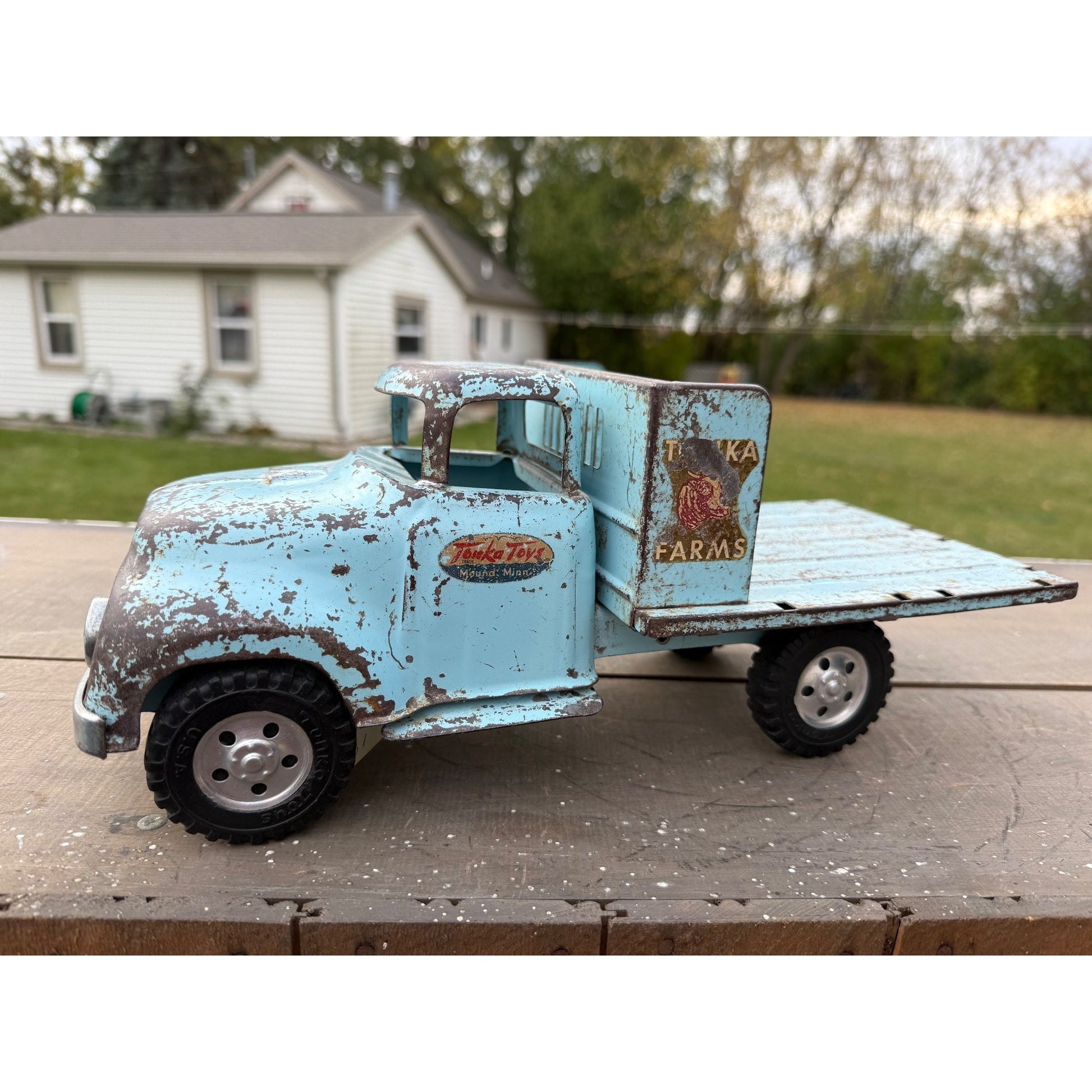 Vintage Tonka Farms Blue Stake Bed Truck Pressed Steel Toy