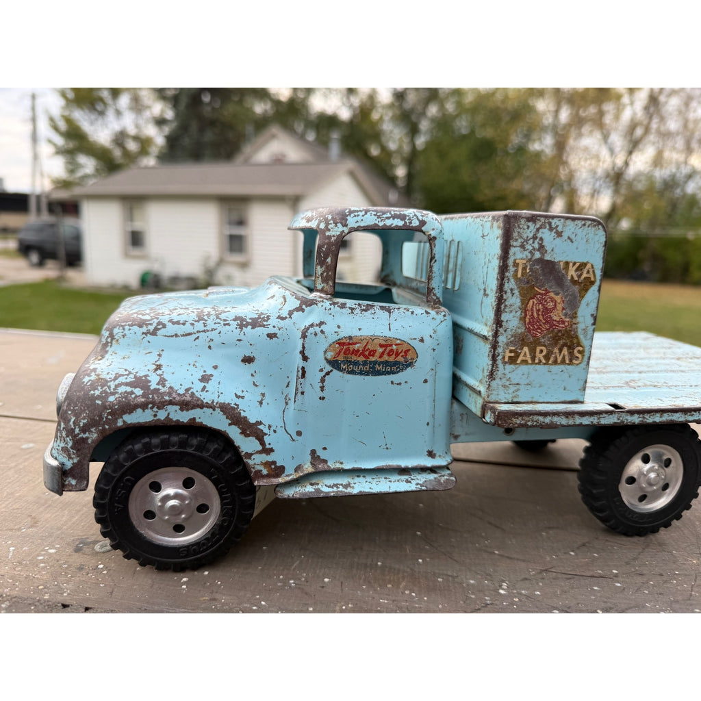Vintage Tonka Farms Blue Stake Bed Truck Pressed Steel Toy