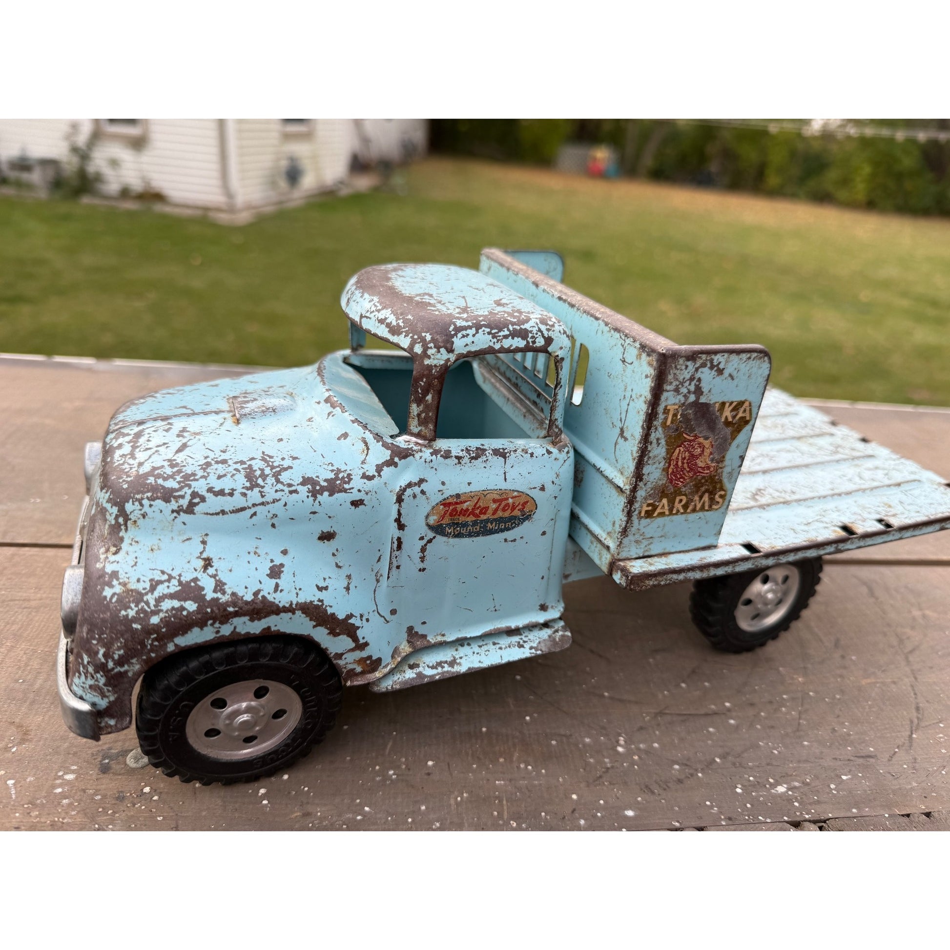 Vintage Tonka Farms Blue Stake Bed Truck Pressed Steel Toy