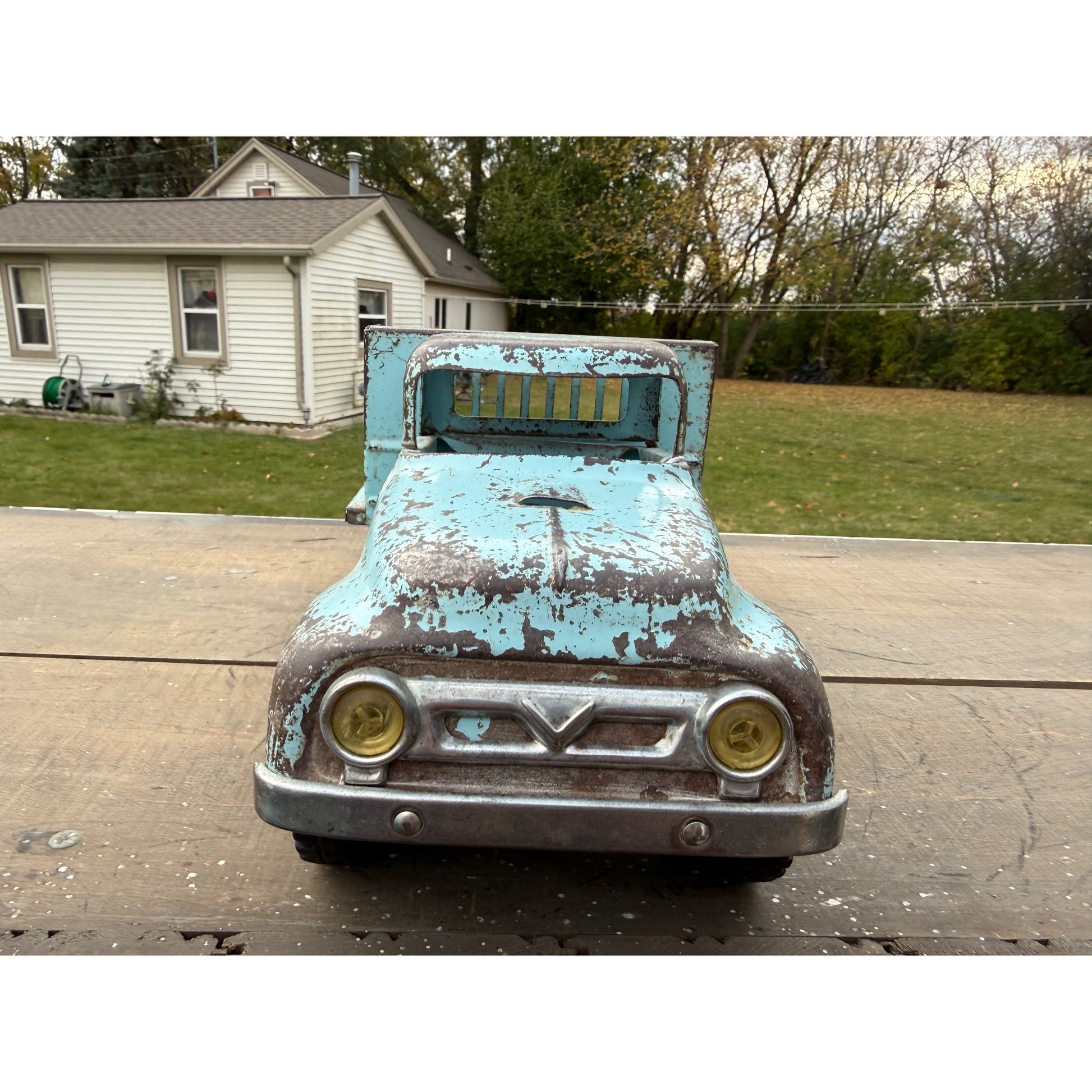 Vintage Tonka Farms Blue Stake Bed Truck Pressed Steel Toy