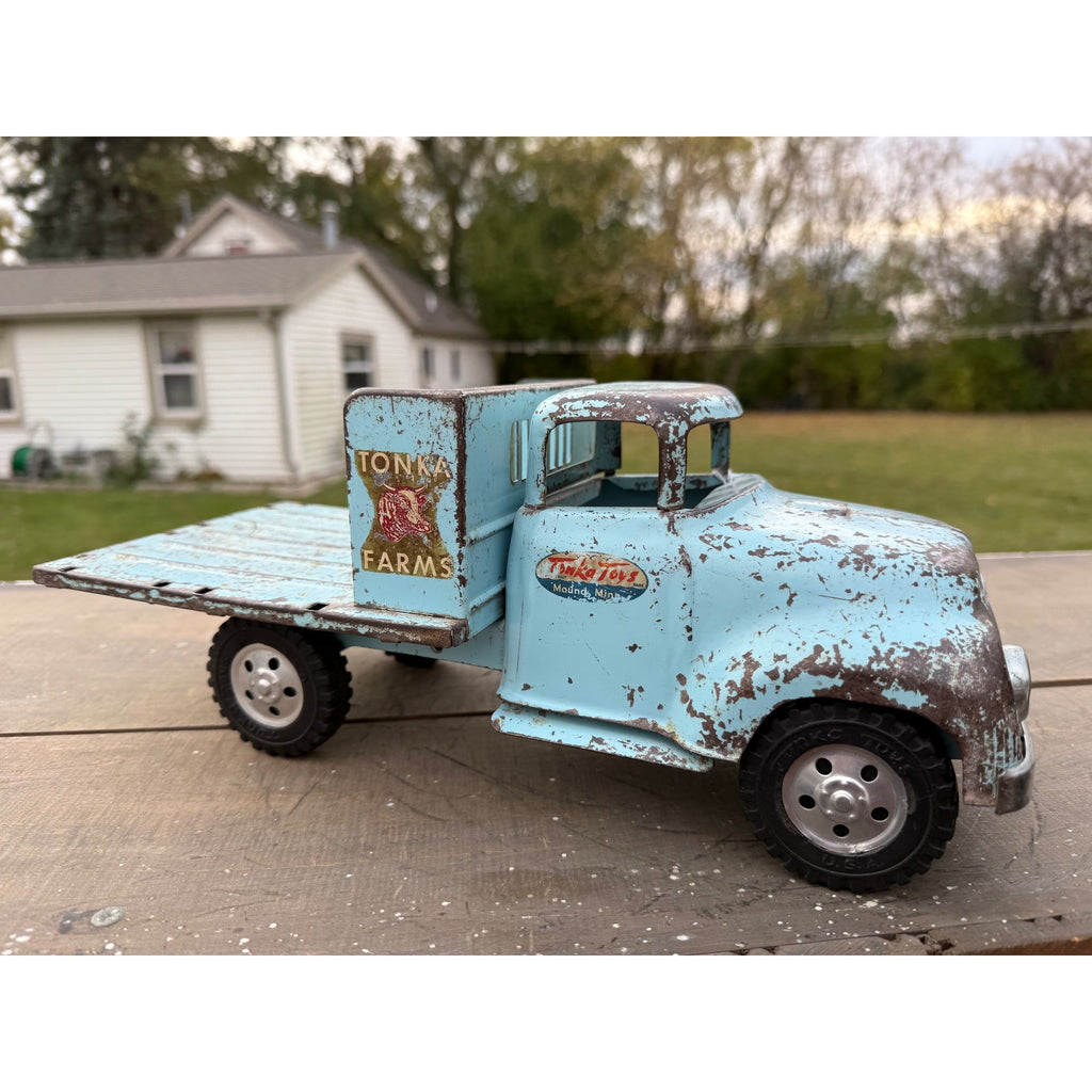 Vintage Tonka Farms Blue Stake Bed Truck Pressed Steel Toy