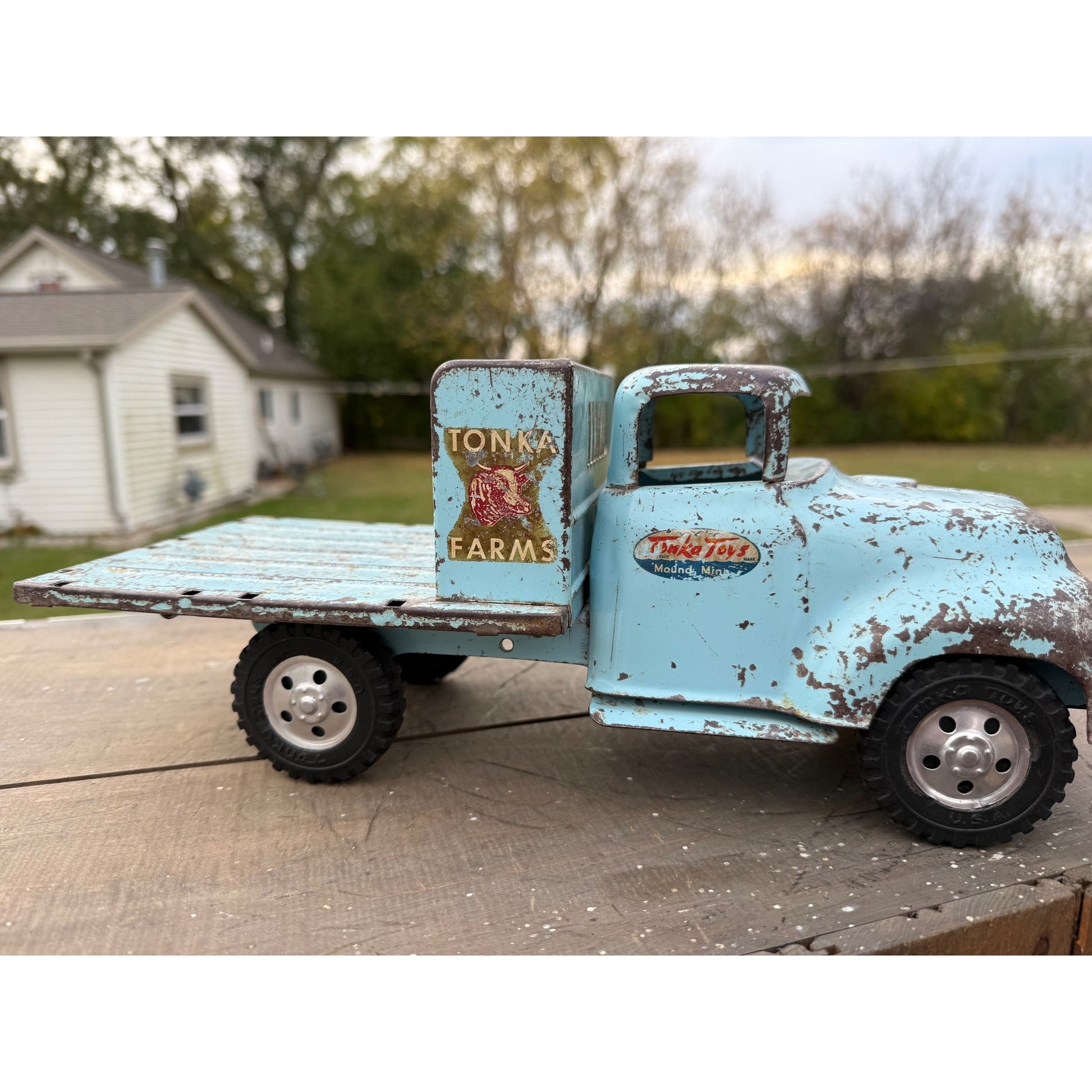 Vintage Tonka Farms Blue Stake Bed Truck Pressed Steel Toy