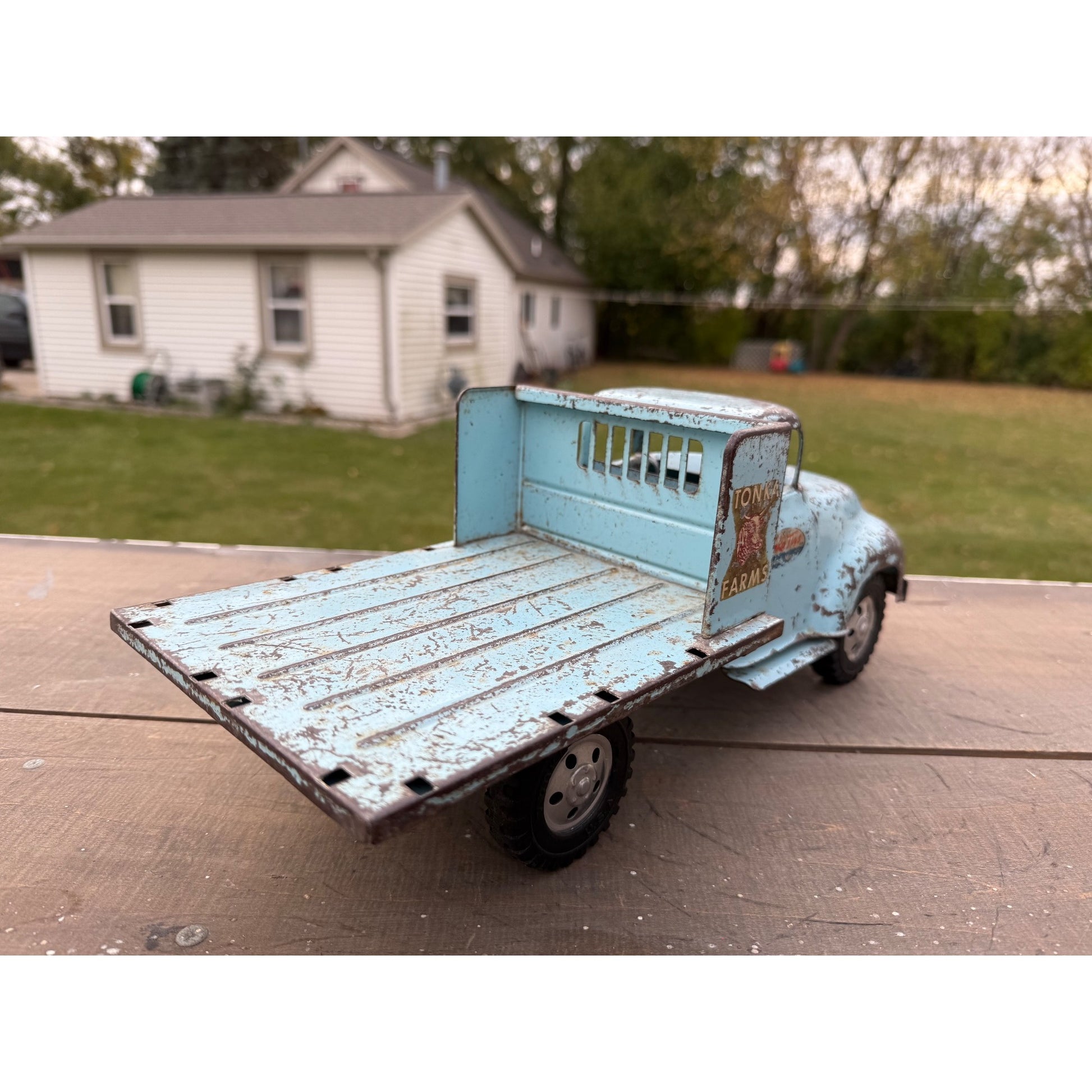 Vintage Tonka Farms Blue Stake Bed Truck Pressed Steel Toy