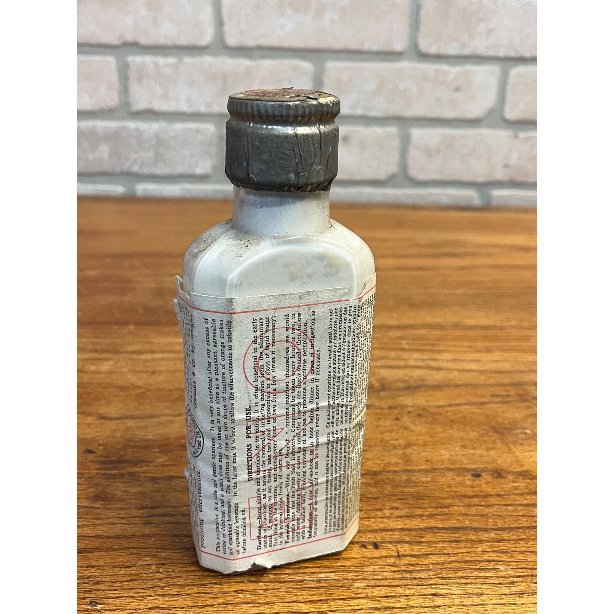 Vintage Eno's Fruit Salt Compound Glass Bottle w/ Contents Prop Decor