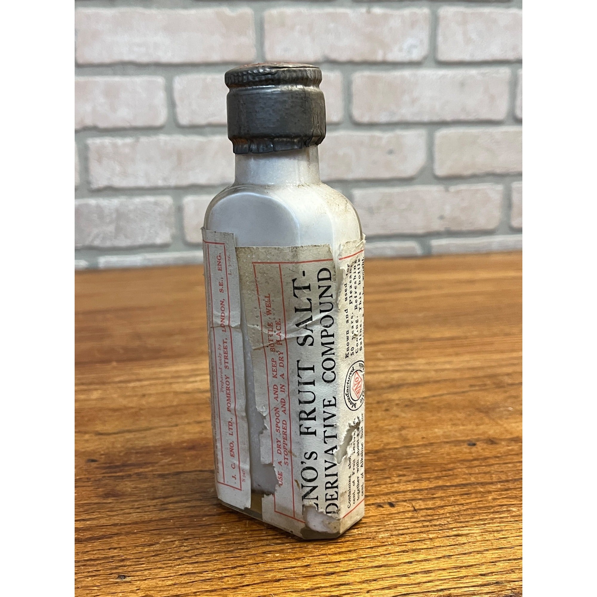 Vintage Eno's Fruit Salt Compound Glass Bottle w/ Contents Prop Decor