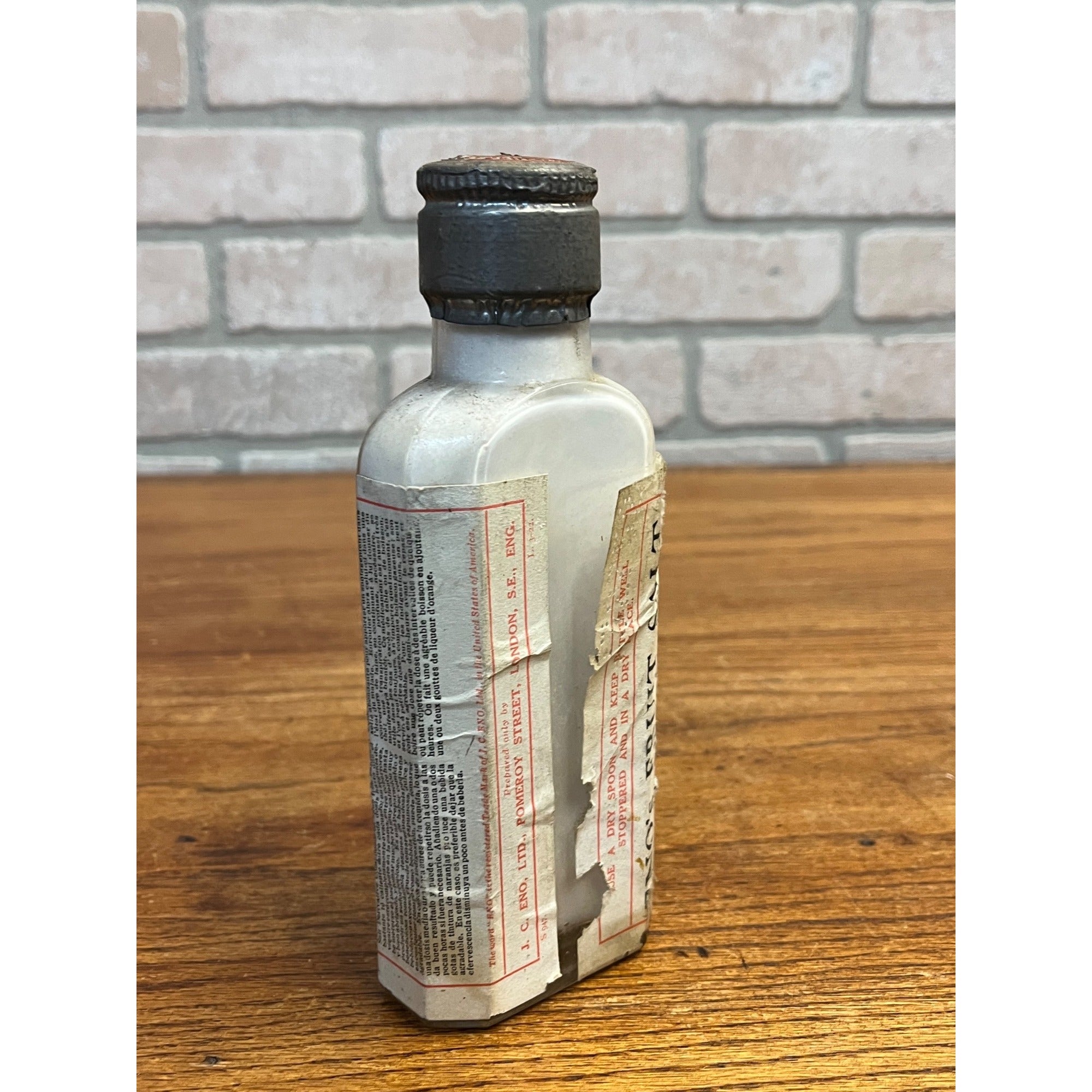 Vintage Eno's Fruit Salt Compound Glass Bottle w/ Contents Prop Decor