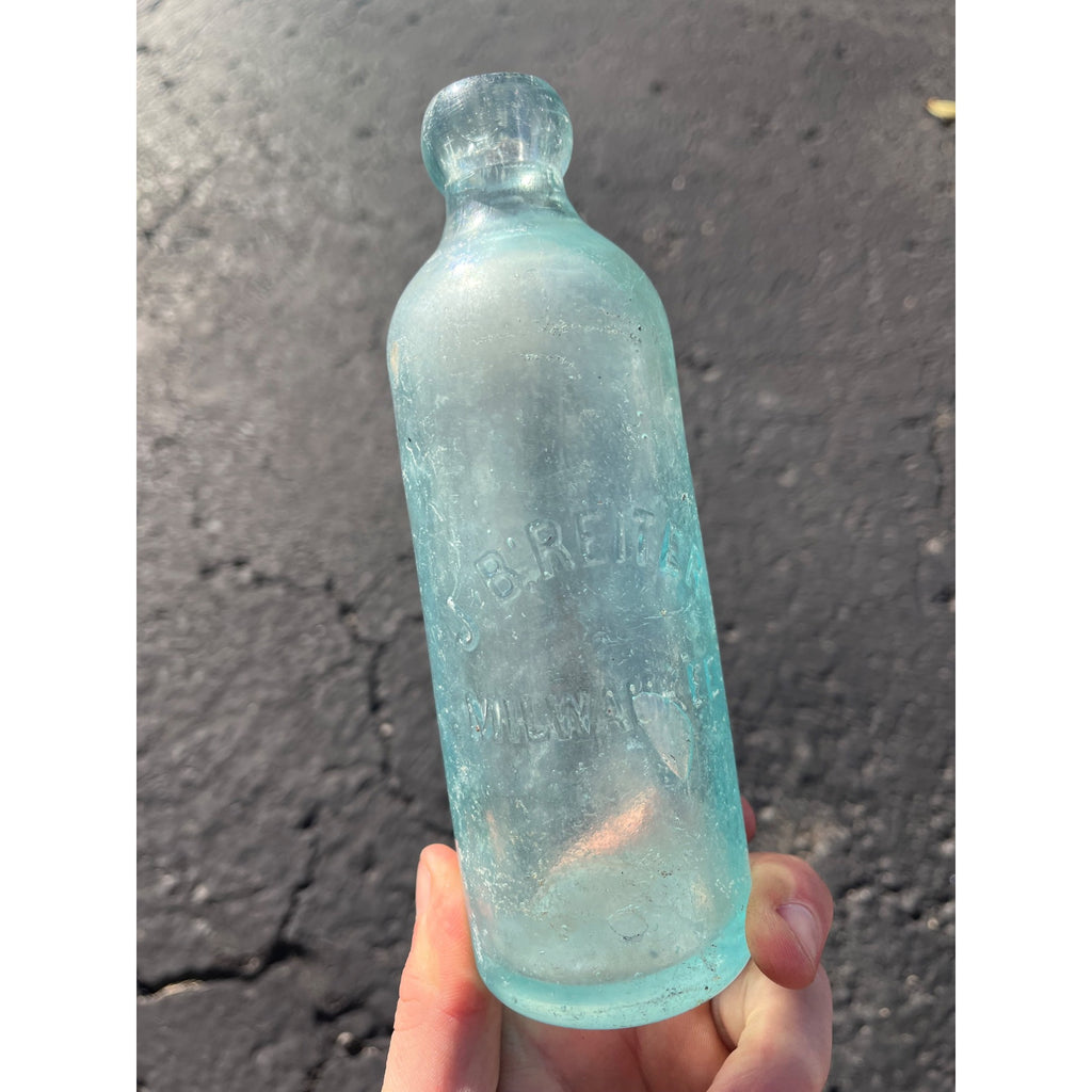 J.B. Reiter c1890s Milwaukee Wis Blue Soda Beer Bottle Blob Top Hutchinson
