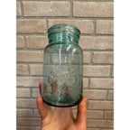 Antique Aqua Blue Sure Seal Embossed Quart Fruit Mason Canning Jar #4