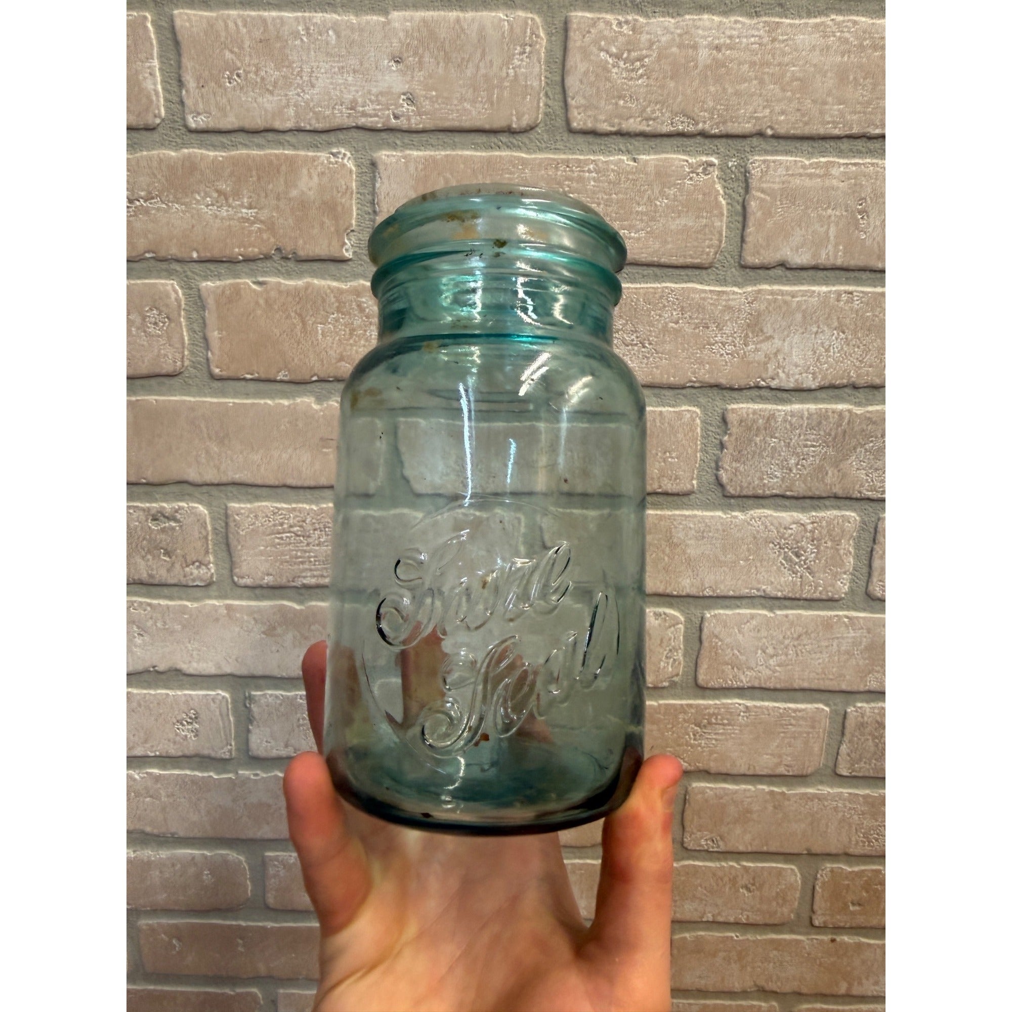 Antique Aqua Blue Sure Seal Embossed Quart Fruit Mason Canning Jar #4