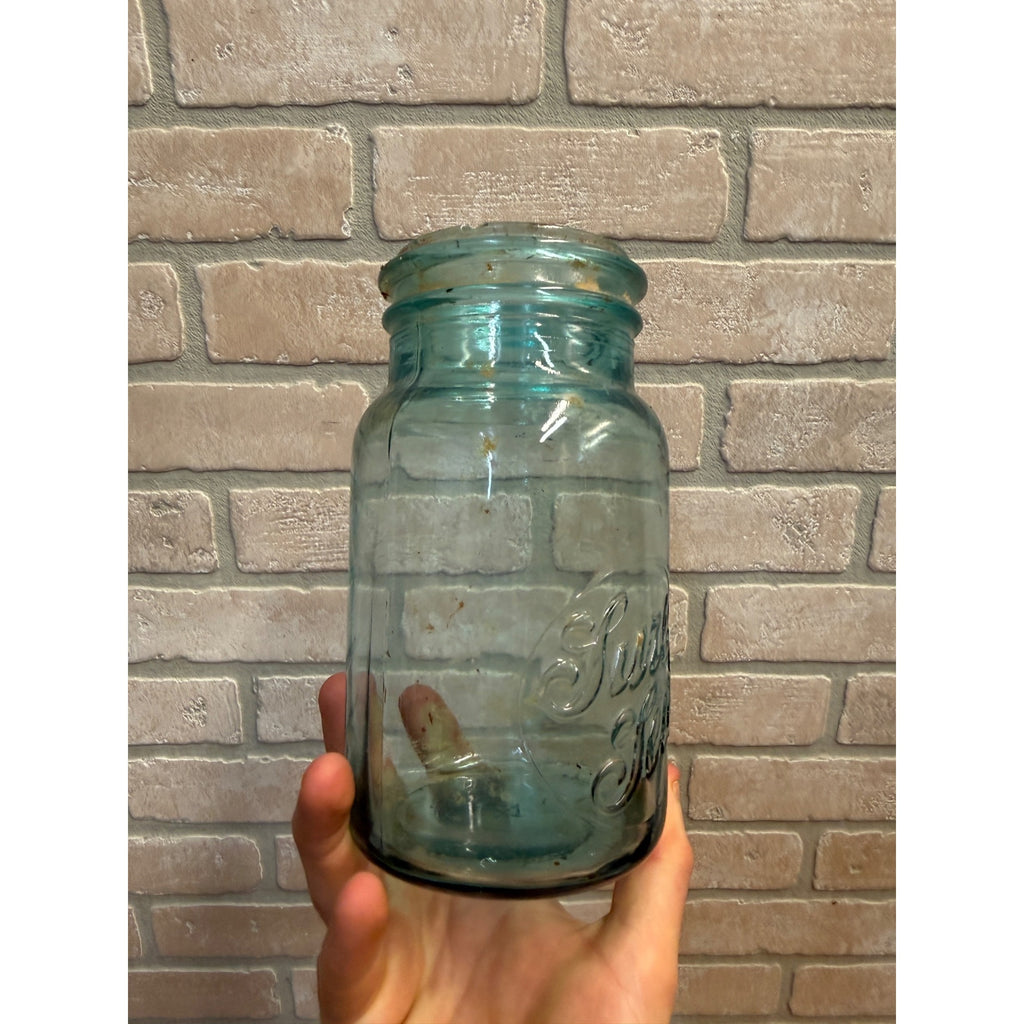 Antique Aqua Blue Sure Seal Embossed Quart Fruit Mason Canning Jar #4