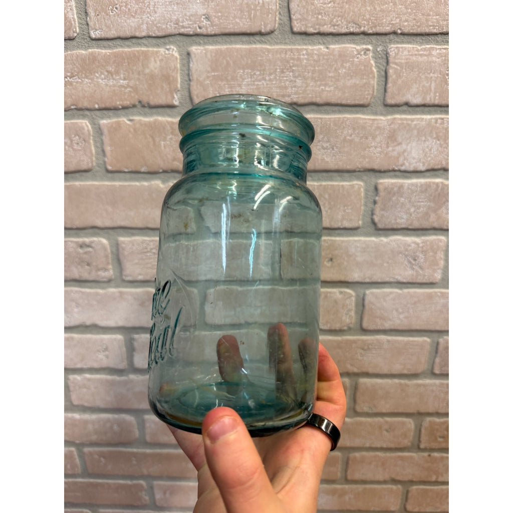 Antique Aqua Blue Sure Seal Embossed Quart Fruit Mason Canning Jar #4