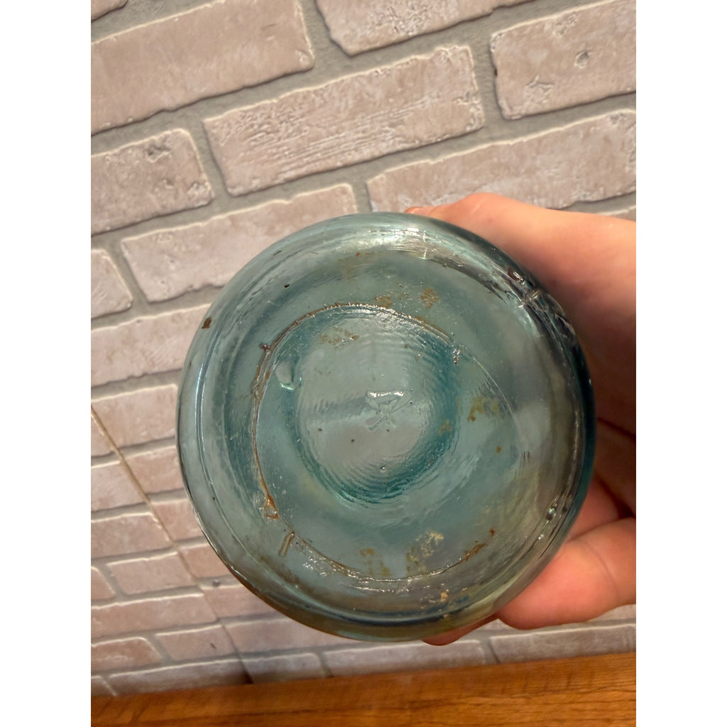Antique Aqua Blue Sure Seal Embossed Quart Fruit Mason Canning Jar #4