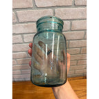 Antique Aqua Blue Sure Seal Embossed Quart Fruit Mason Canning Jar #4