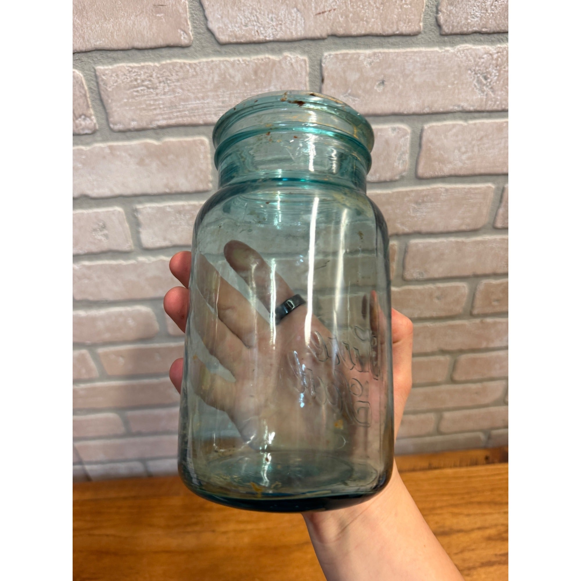 Antique Aqua Blue Sure Seal Embossed Quart Fruit Mason Canning Jar #4