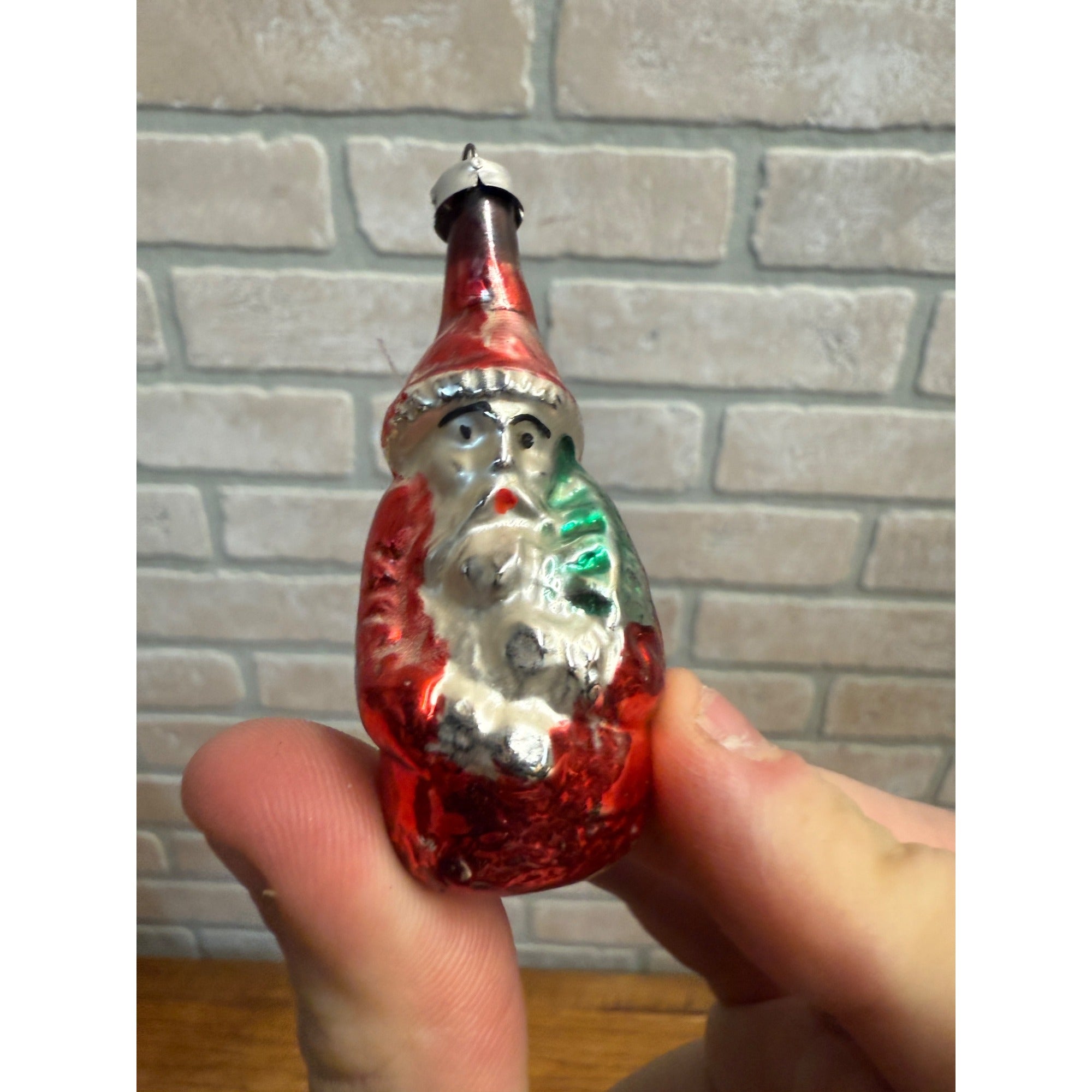Vintage Santa Claus Father Christmas Holding Tree Glass Ornament  West Germany