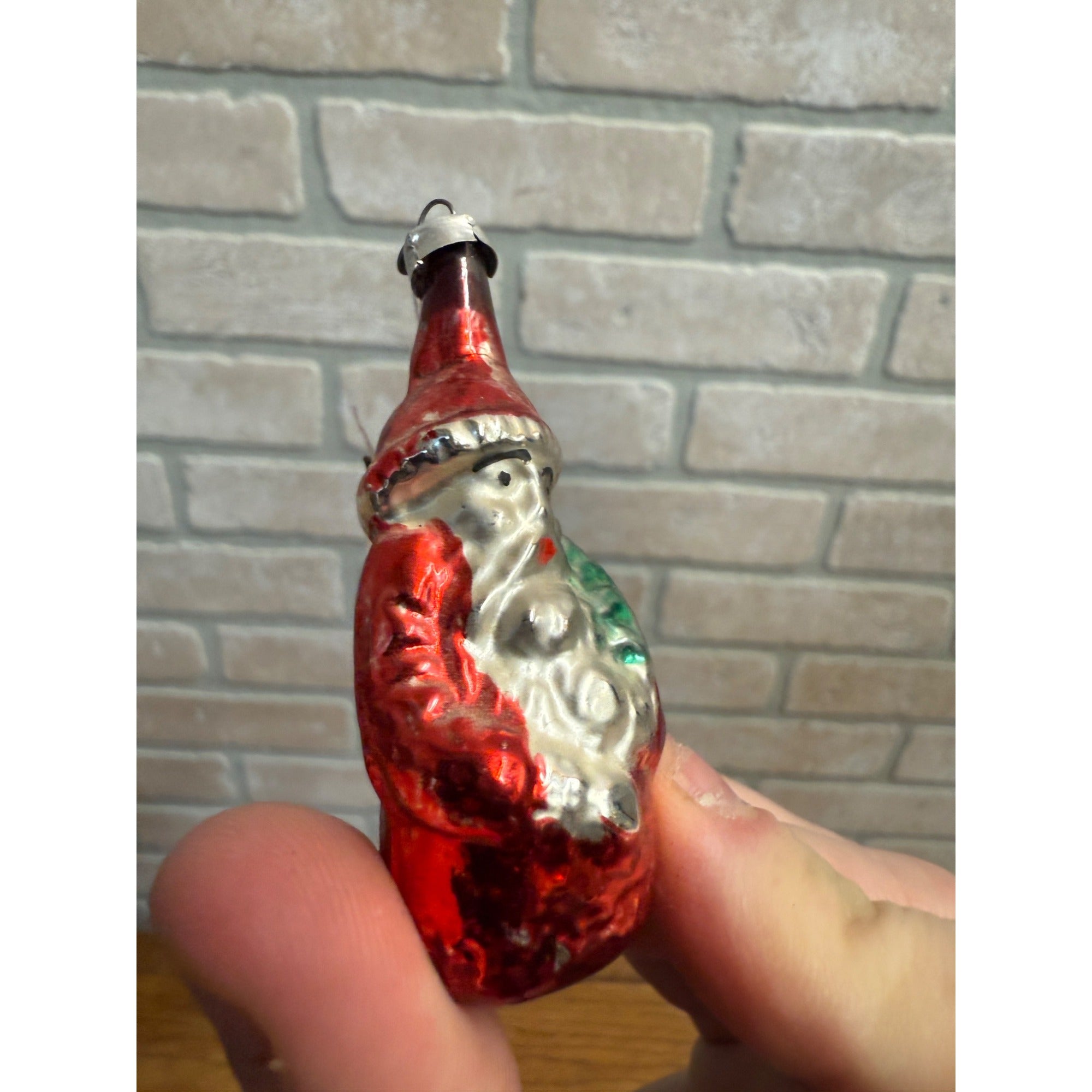Vintage Santa Claus Father Christmas Holding Tree Glass Ornament  West Germany