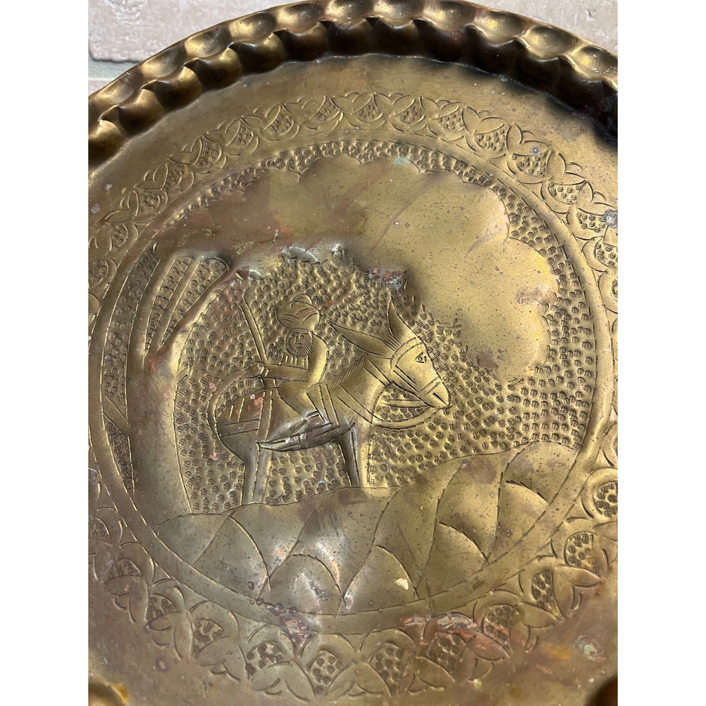 Vintage Persian Brass Charger Tray Falconer Horseman Embossed 14"