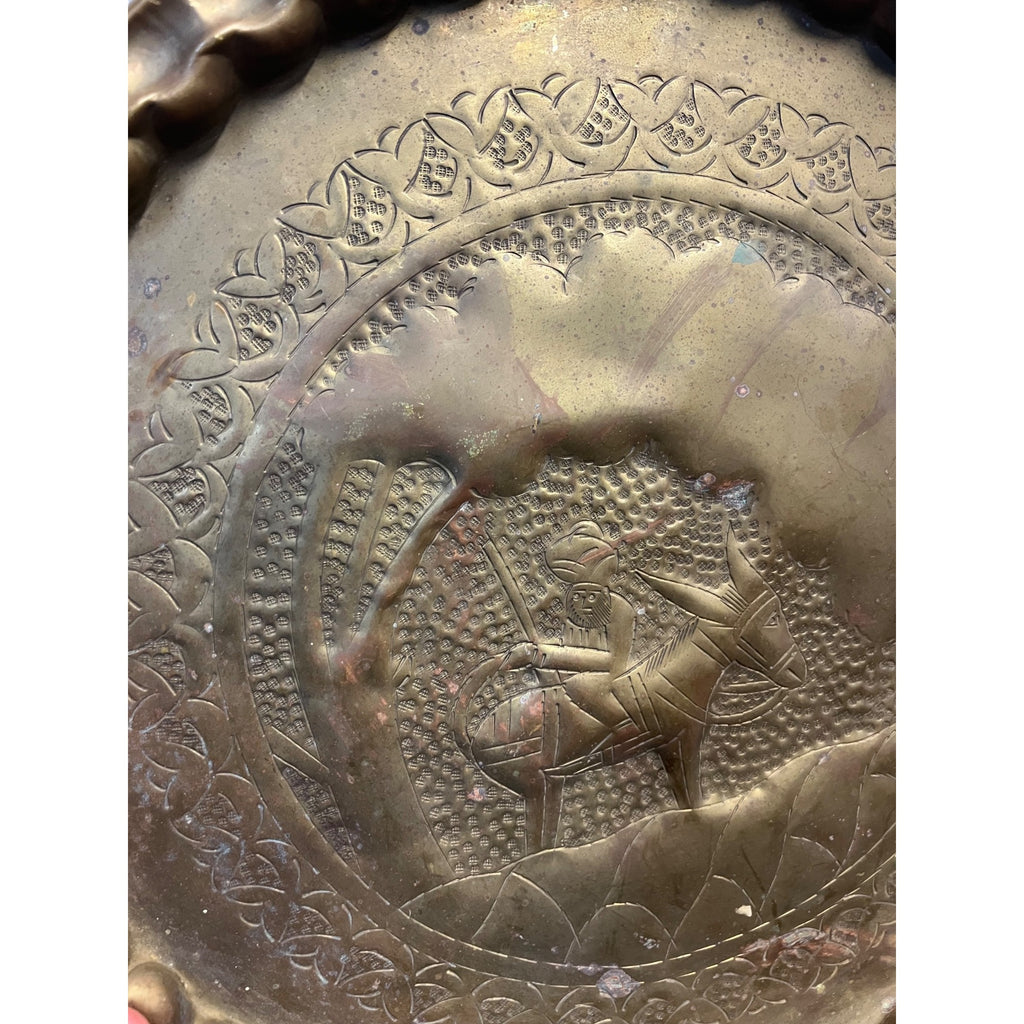 Vintage Persian Brass Charger Tray Falconer Horseman Embossed 14"