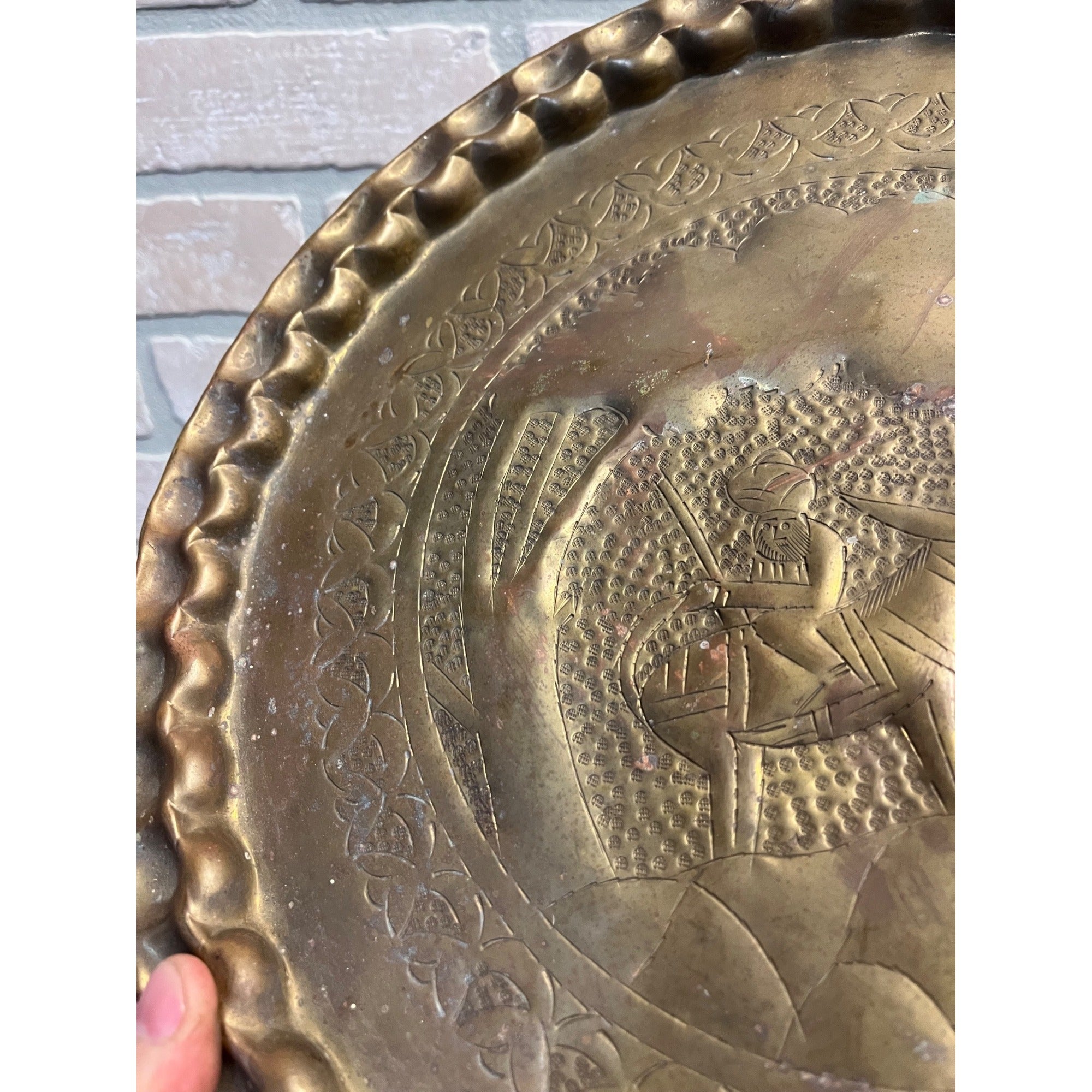 Vintage Persian Brass Charger Tray Falconer Horseman Embossed 14"