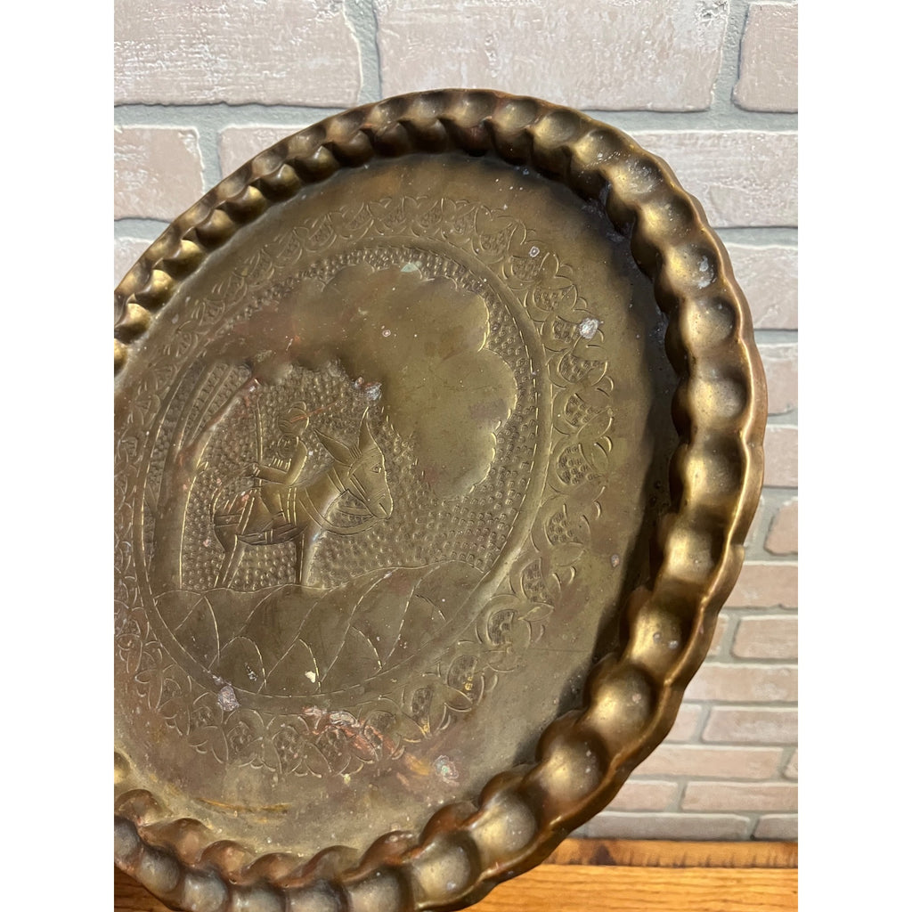 Vintage Persian Brass Charger Tray Falconer Horseman Embossed 14"