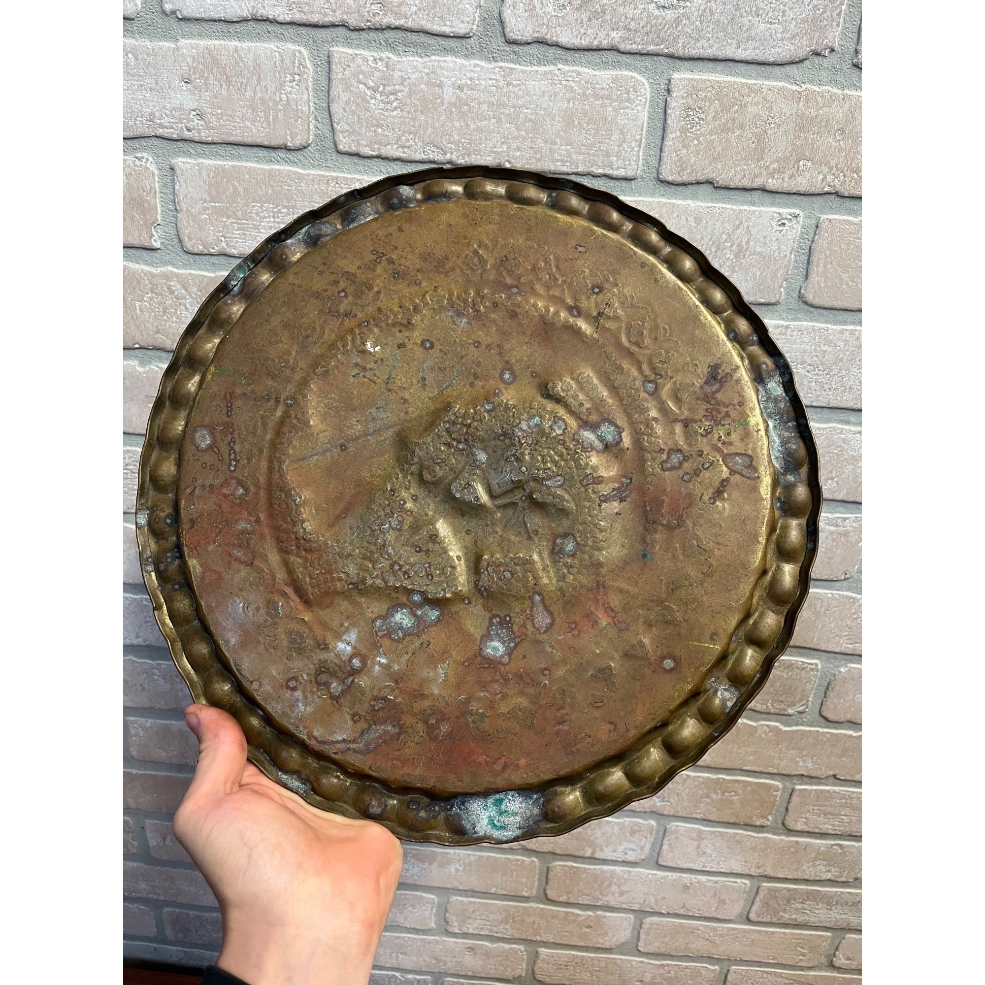 Vintage Persian Brass Charger Tray Falconer Horseman Embossed 14"