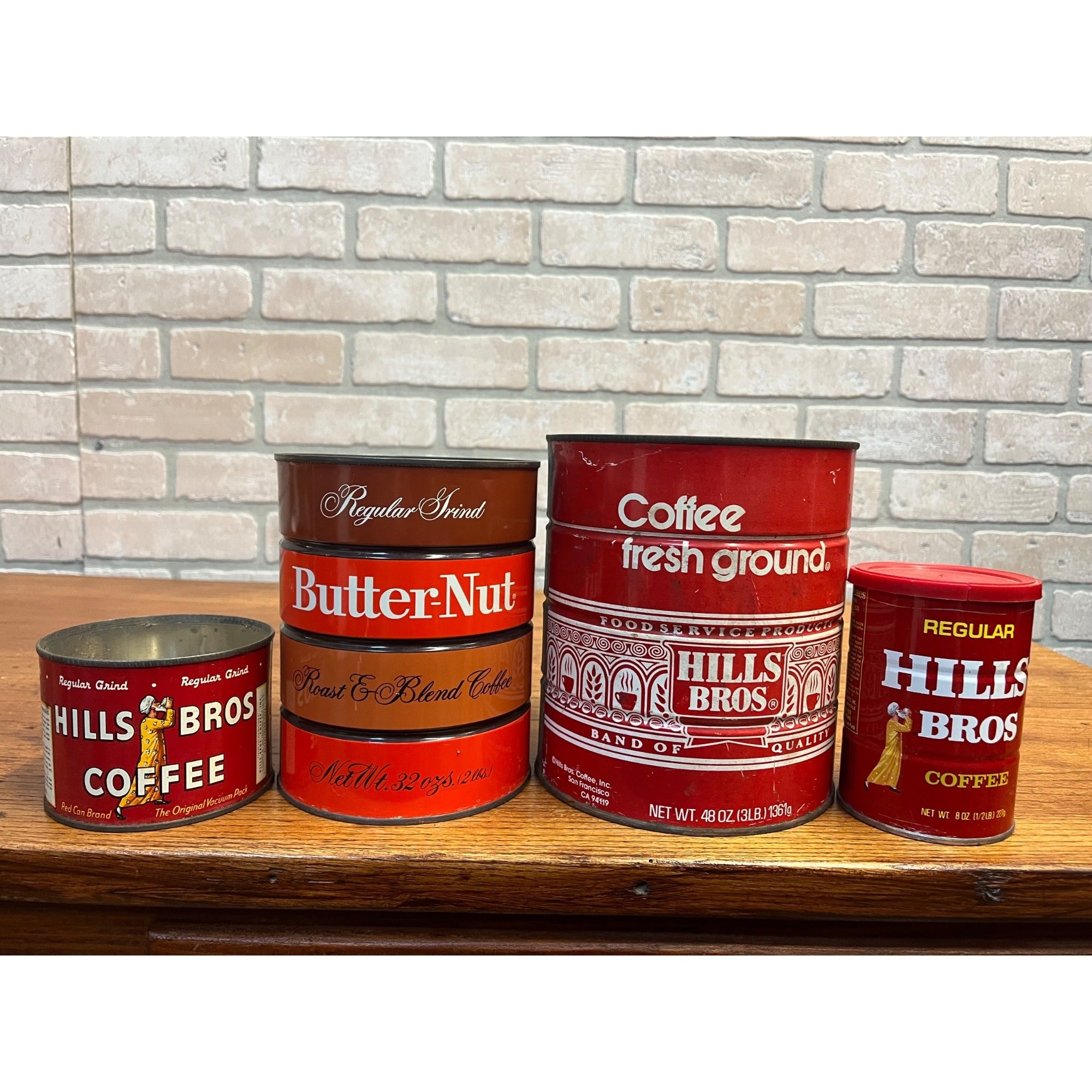 Vintage Coffee Can Collection Butter-Nut Hills Bros Metal Tin Advertising Kitchen Decor Farmhouse Display