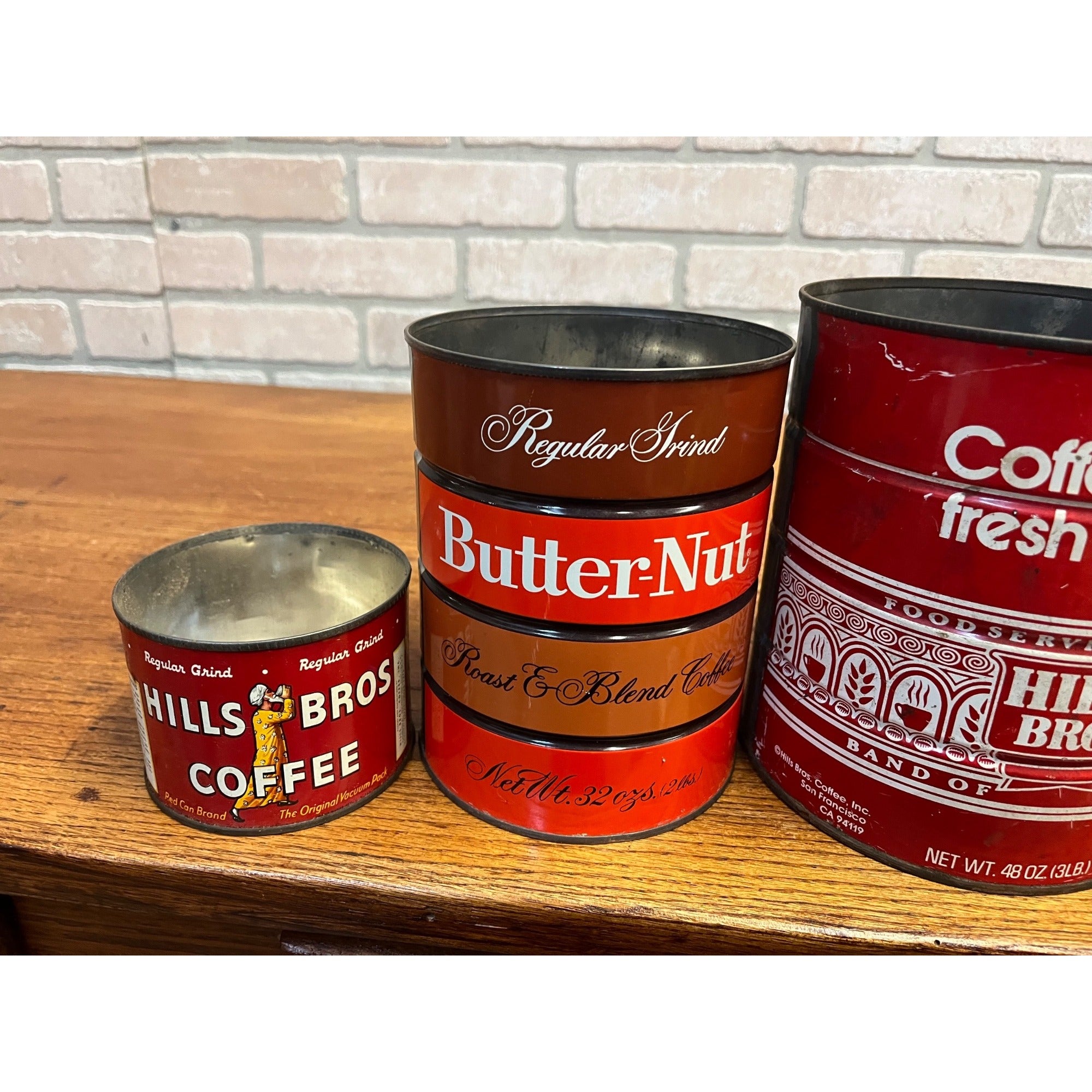 Vintage Coffee Can Collection Butter-Nut Hills Bros Metal Tin Advertising Kitchen Decor Farmhouse Display