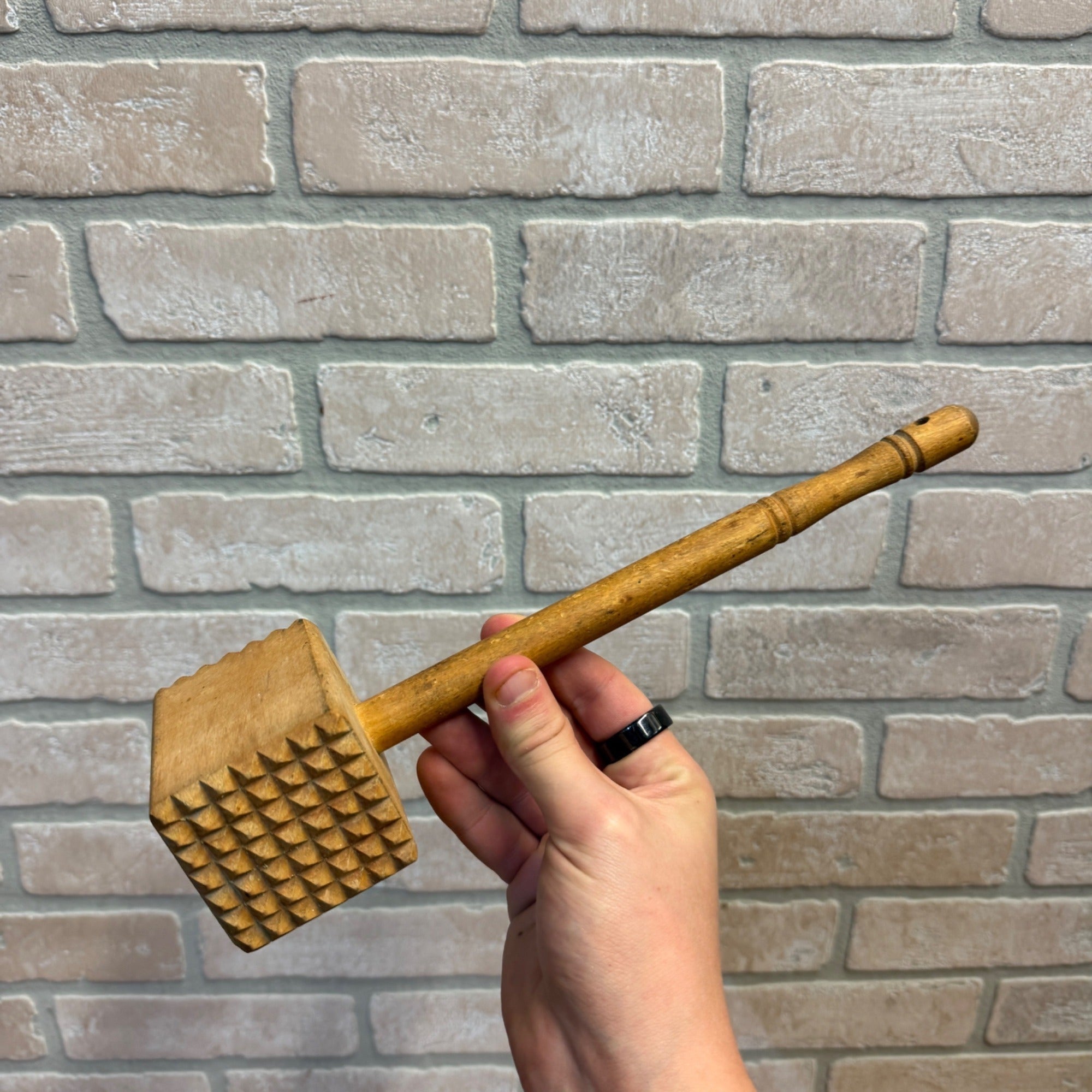 Vintage Wooden Meat Tenderizer With Carved Handle Primitive Kitchen Decor