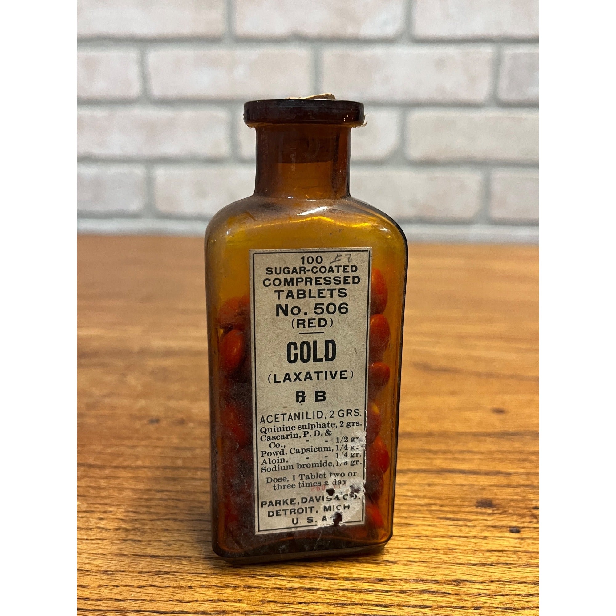 Vintage Parke Davis No 506 Cold Tablets Amber Drug Store Bottle Label Unopened