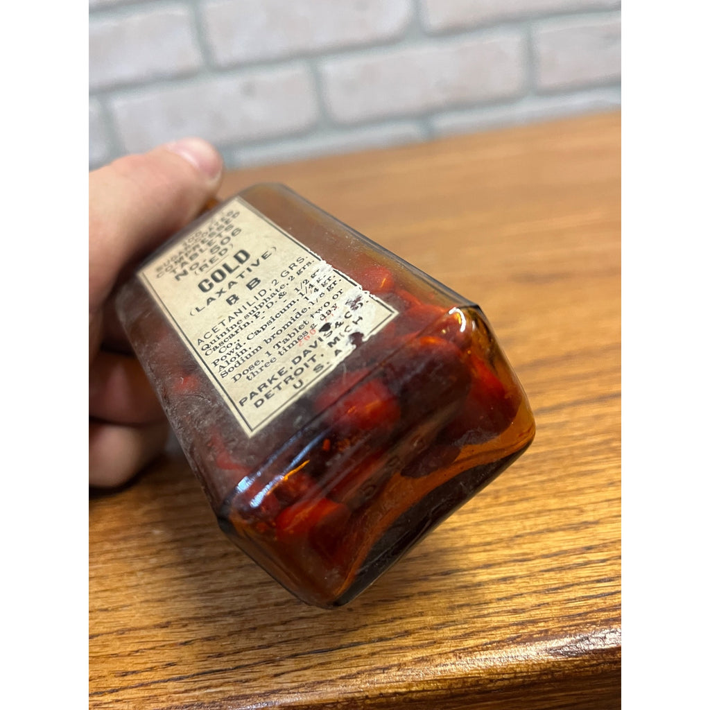 Vintage Parke Davis No 506 Cold Tablets Amber Drug Store Bottle Label Unopened
