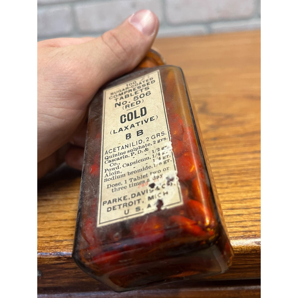 Vintage Parke Davis No 506 Cold Tablets Amber Drug Store Bottle Label Unopened