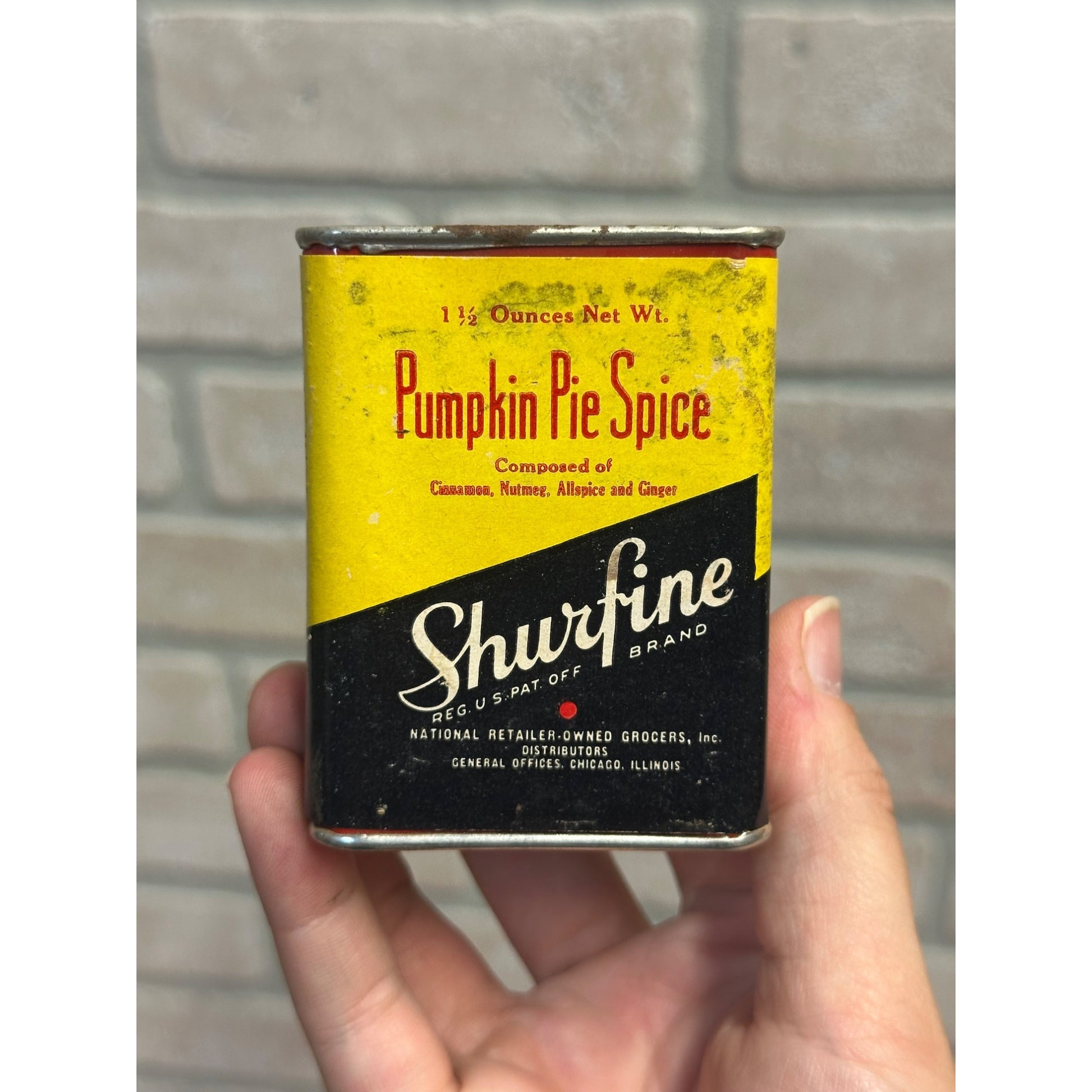 Vintage 1900s Shurfine Pumpkin Pie Spice Advertising Tin NROG Chicago
