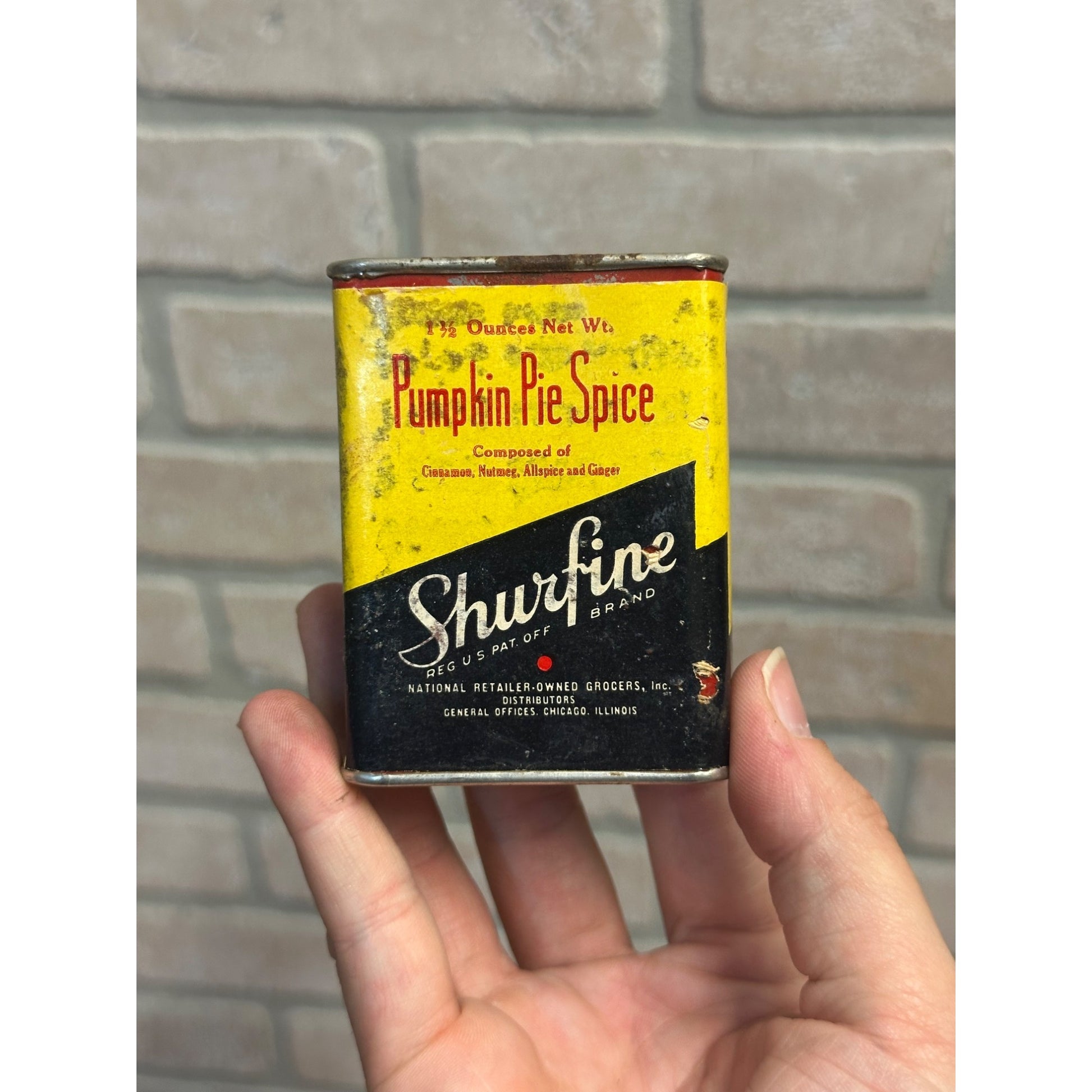 Vintage 1900s Shurfine Pumpkin Pie Spice Advertising Tin NROG Chicago