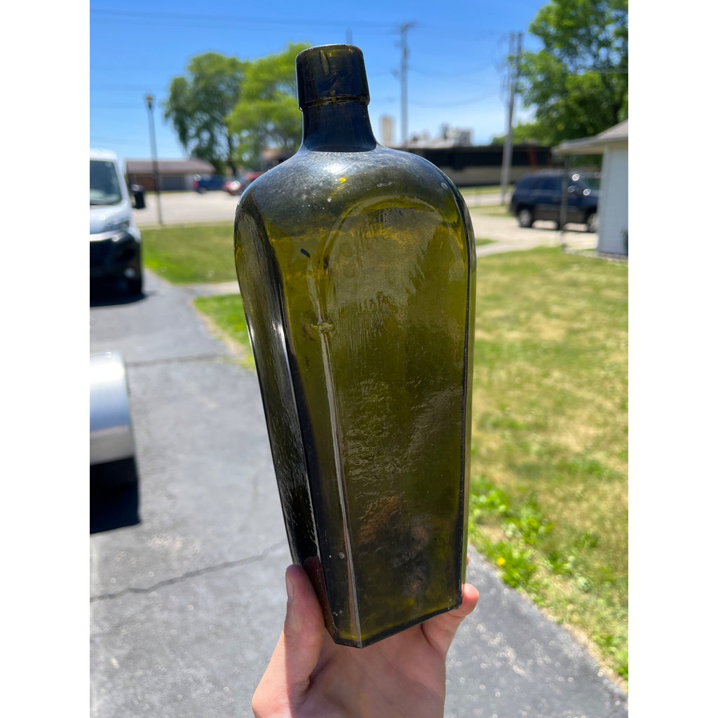 Antique Hand Blown Olive Green Case Gin Bottle Star Base Dutch Holland 1860s