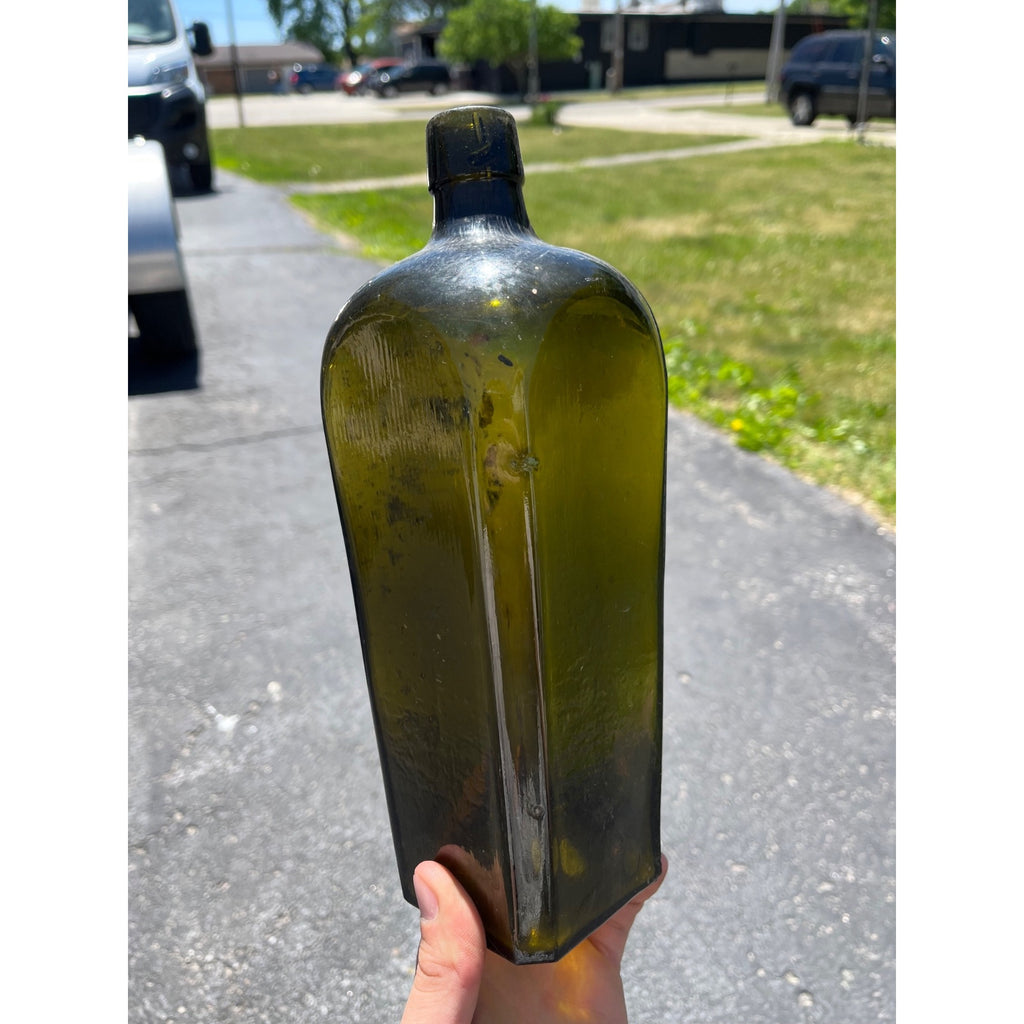 Antique Hand Blown Olive Green Case Gin Bottle Star Base Dutch Holland 1860s