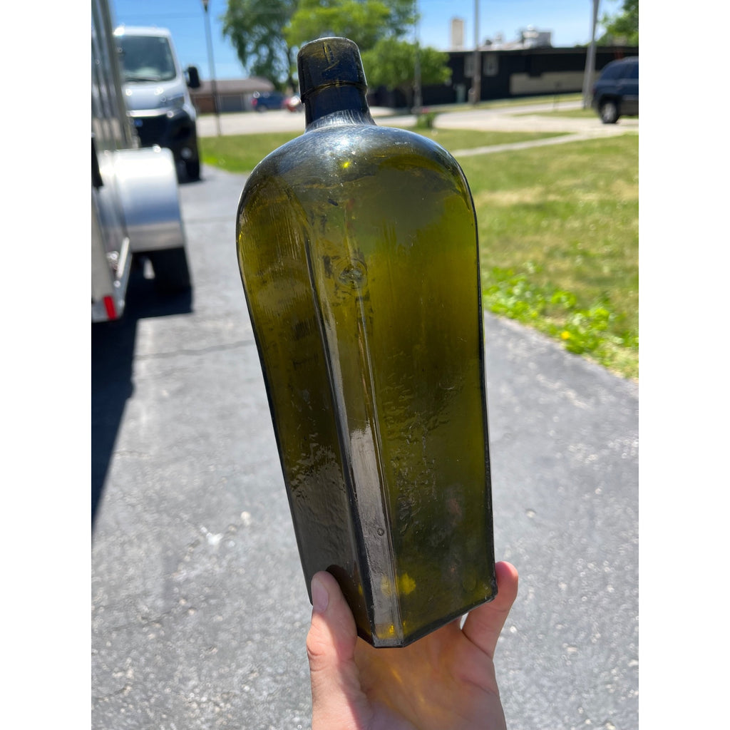 Antique Hand Blown Olive Green Case Gin Bottle Star Base Dutch Holland 1860s