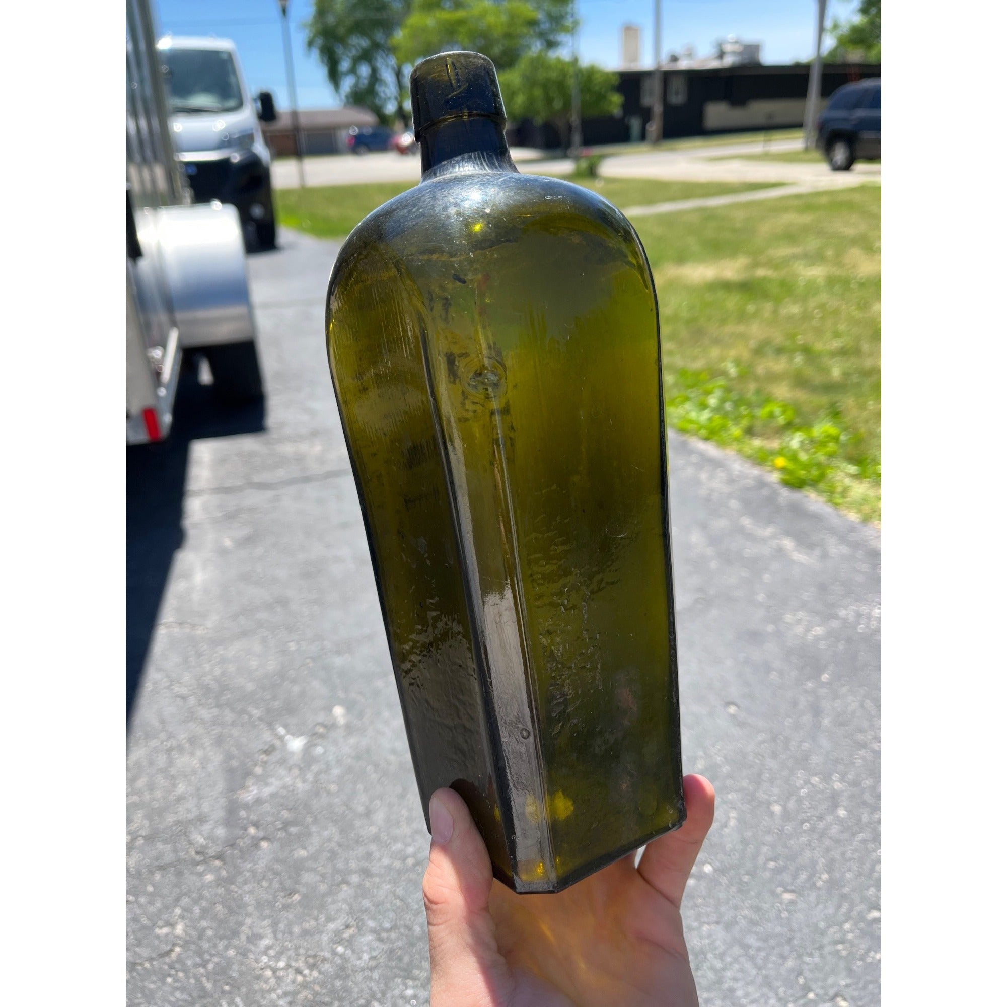 Antique Hand Blown Olive Green Case Gin Bottle Star Base Dutch Holland 1860s