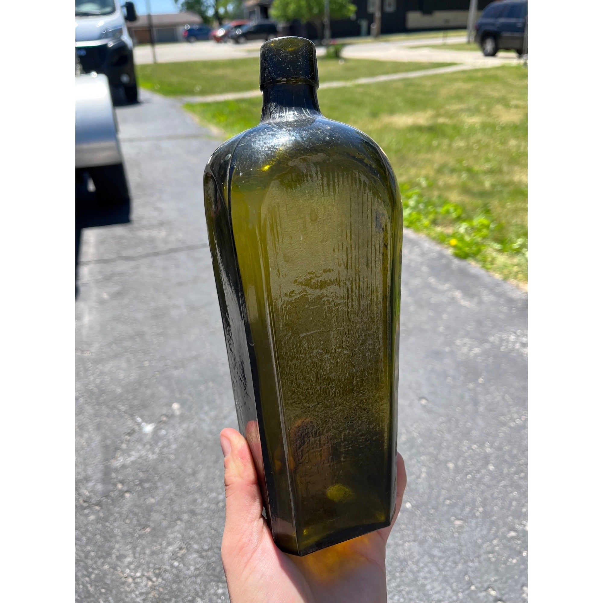 Antique Hand Blown Olive Green Case Gin Bottle Star Base Dutch Holland 1860s