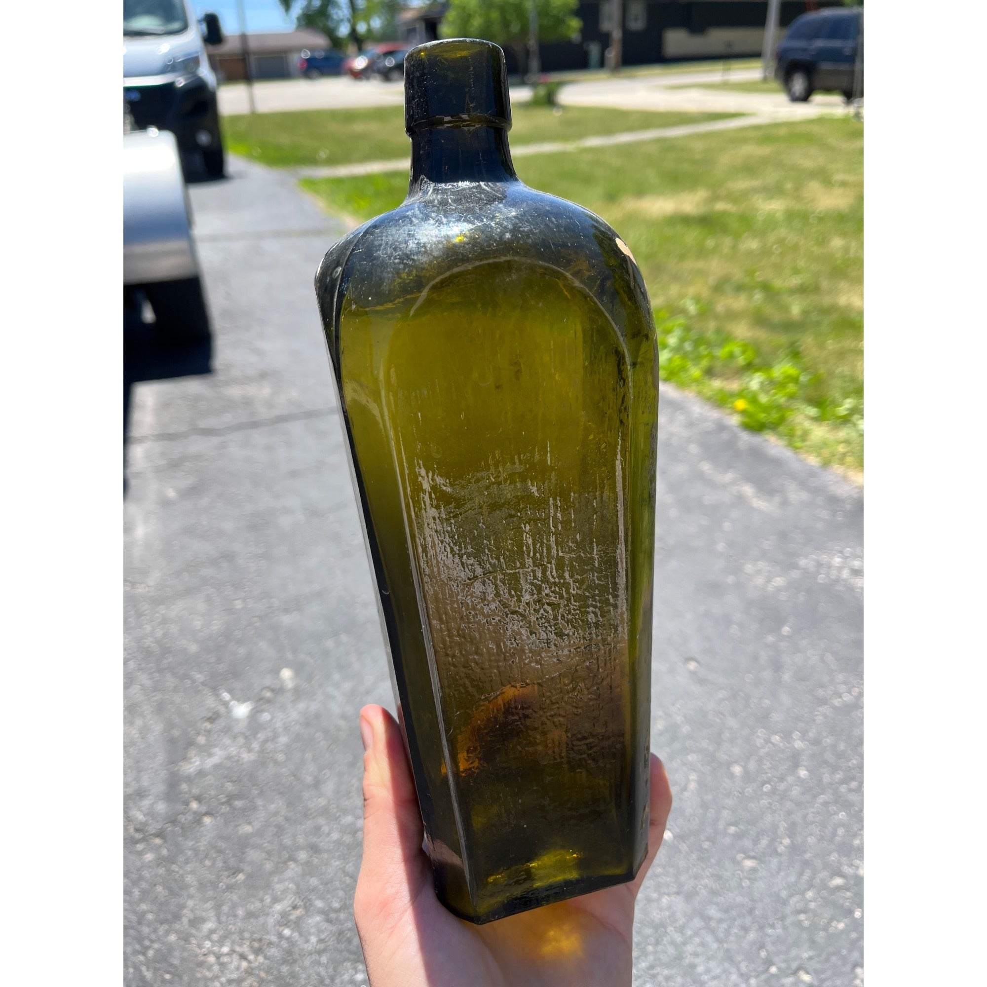 Antique Hand Blown Olive Green Case Gin Bottle Star Base Dutch Holland 1860s