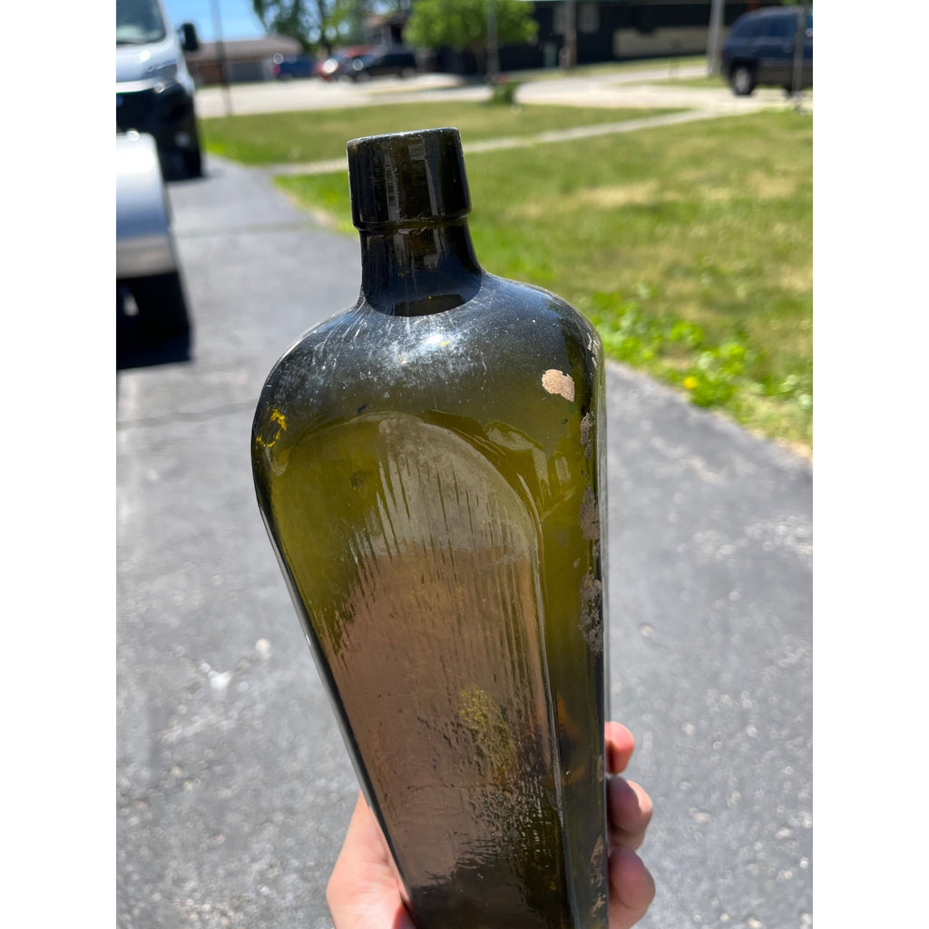 Antique Hand Blown Olive Green Case Gin Bottle Star Base Dutch Holland 1860s