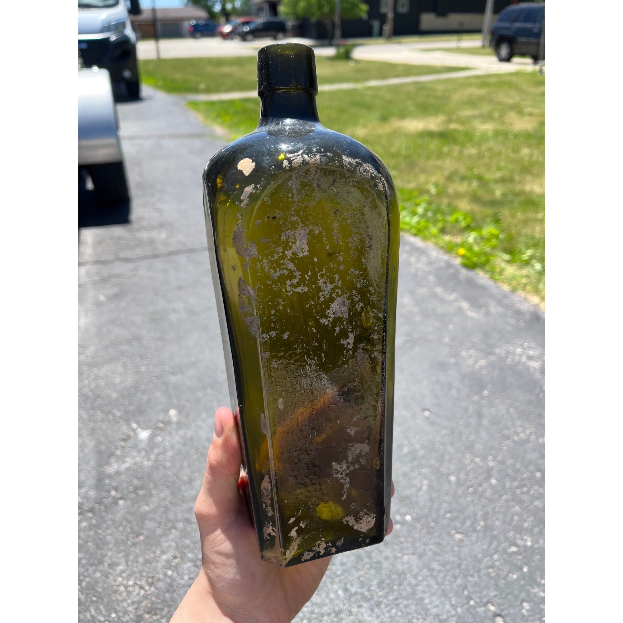 Antique Hand Blown Olive Green Case Gin Bottle Star Base Dutch Holland 1860s