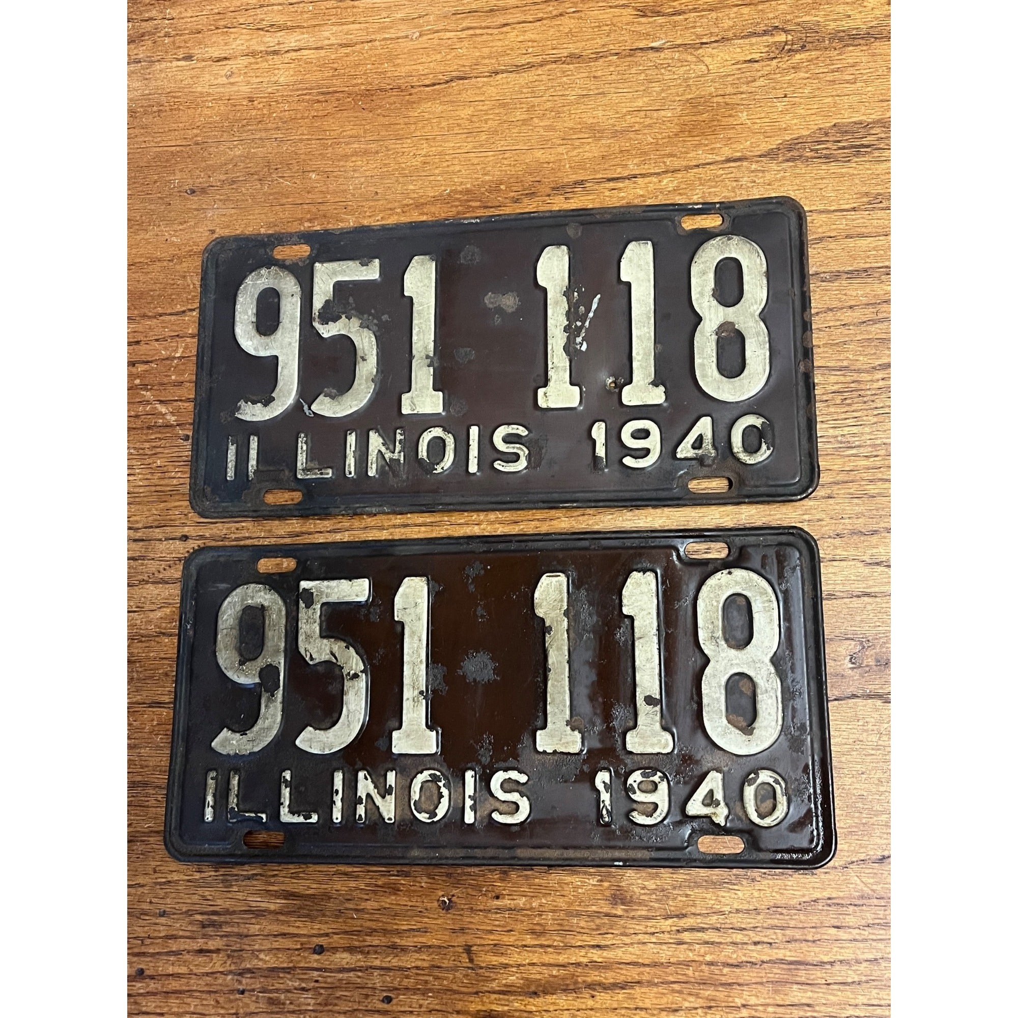 Vintage Pair of Metal Illinois License Plates 1940 Brown and White
