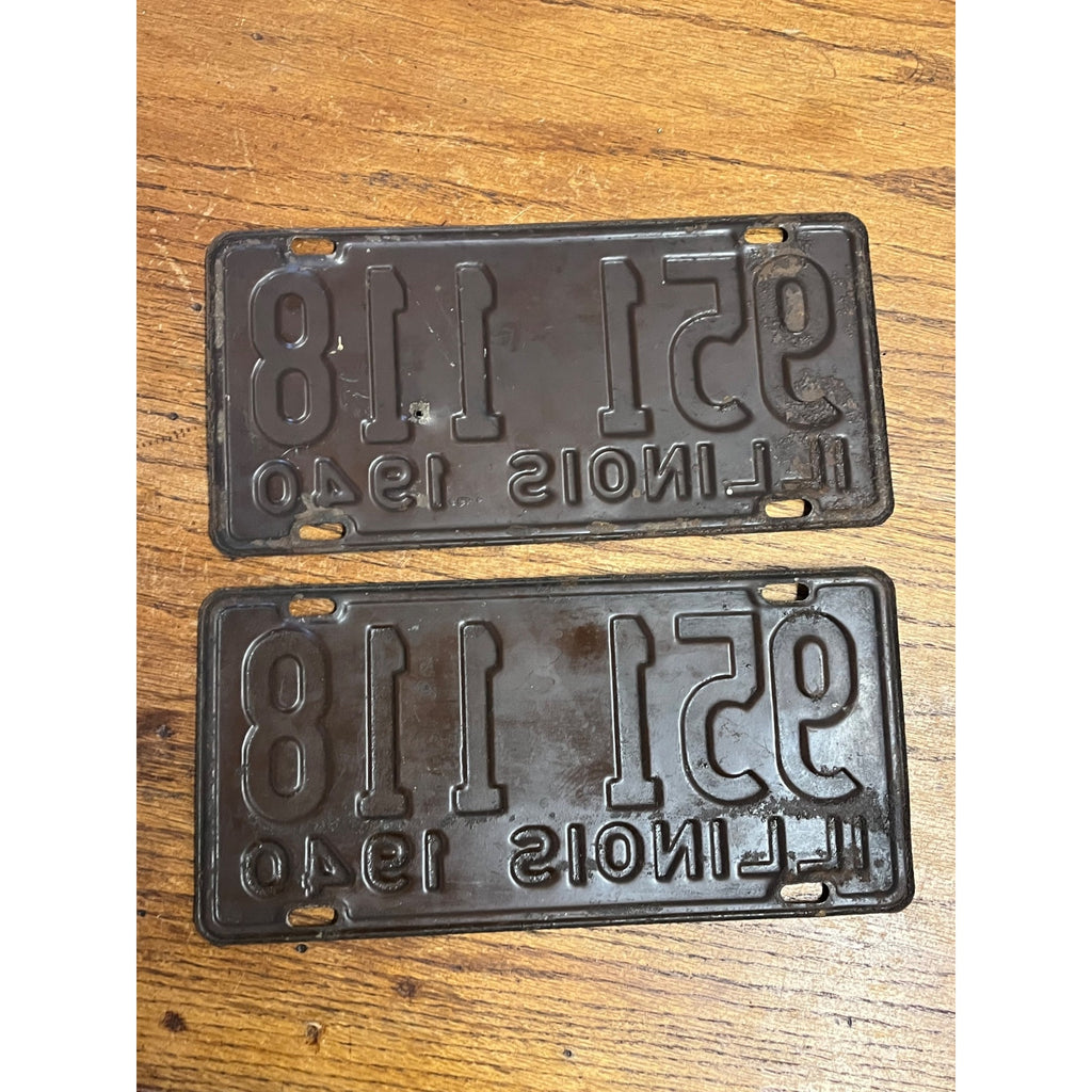 Vintage Pair of Metal Illinois License Plates 1940 Brown and White